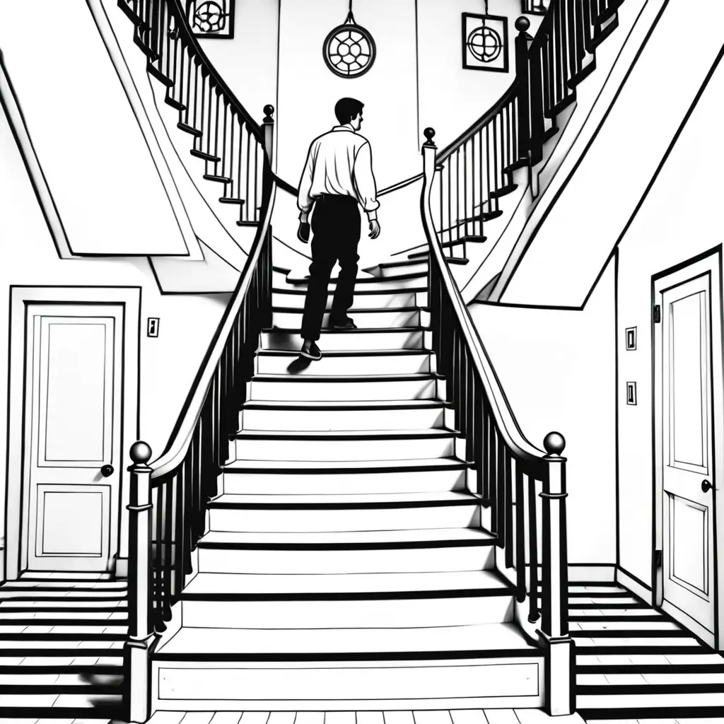 a simple black and white coloring book image of  a man upon the staircase
