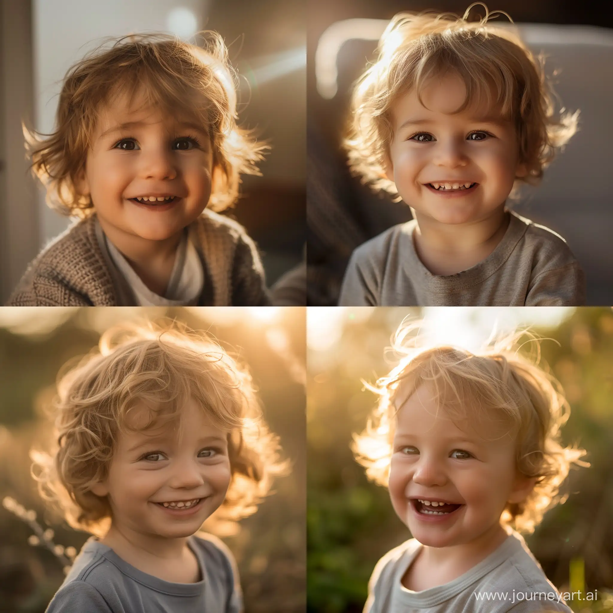 pLow angle shot of a smiling 2 year old boy. DSLR, very realistic, morning light shining through his hair