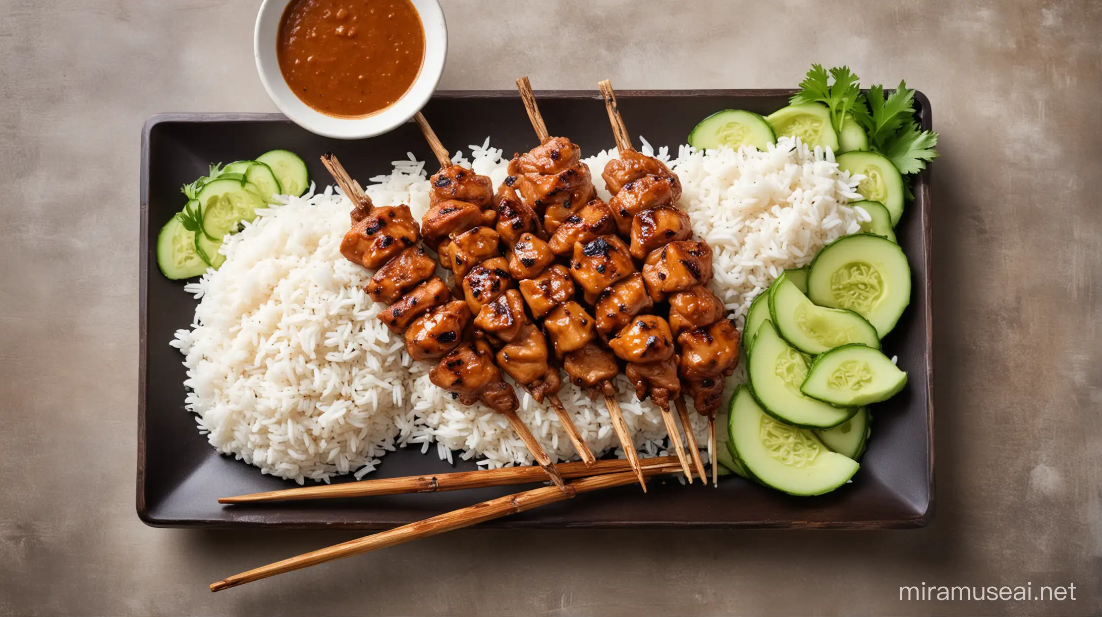 Indonesian Sate: Pieces of meat or chicken grilled with spicy peanut sauce, served with rice and fresh cucumber slices, appetizing with its distinctive aroma and taste.