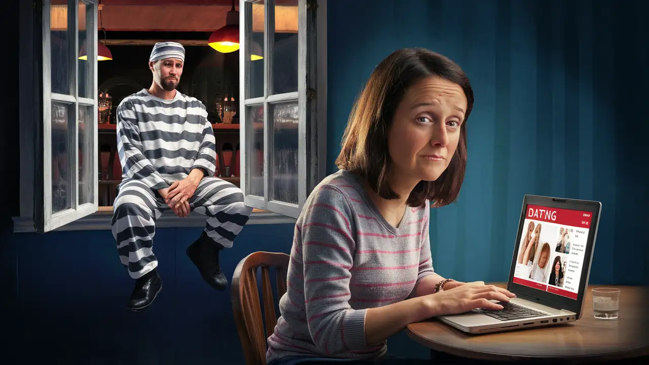 A photo of a woman sitting at home using a dating site on a laptop. In the background, through an open window, are visible the bars of the prison behind which sits a man in prison clothes. The scene has a humorous character, emphasizing the absurdity of a situation where every new online acquaintance ends up in prison.