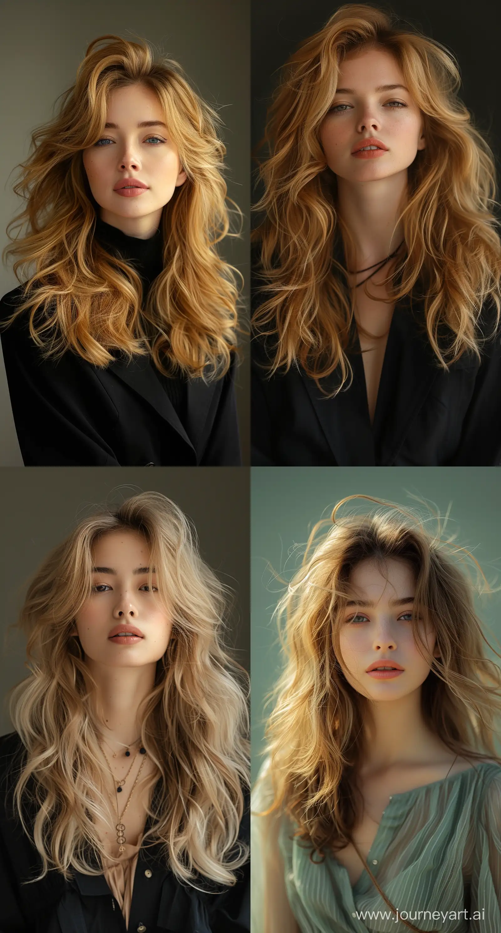 a woman with flowing, blonde hair is posing, in the style of dain yoon,  captures raw emotions, wavy, distinct facial features --ar 69:128 --stylize 750 --v 6