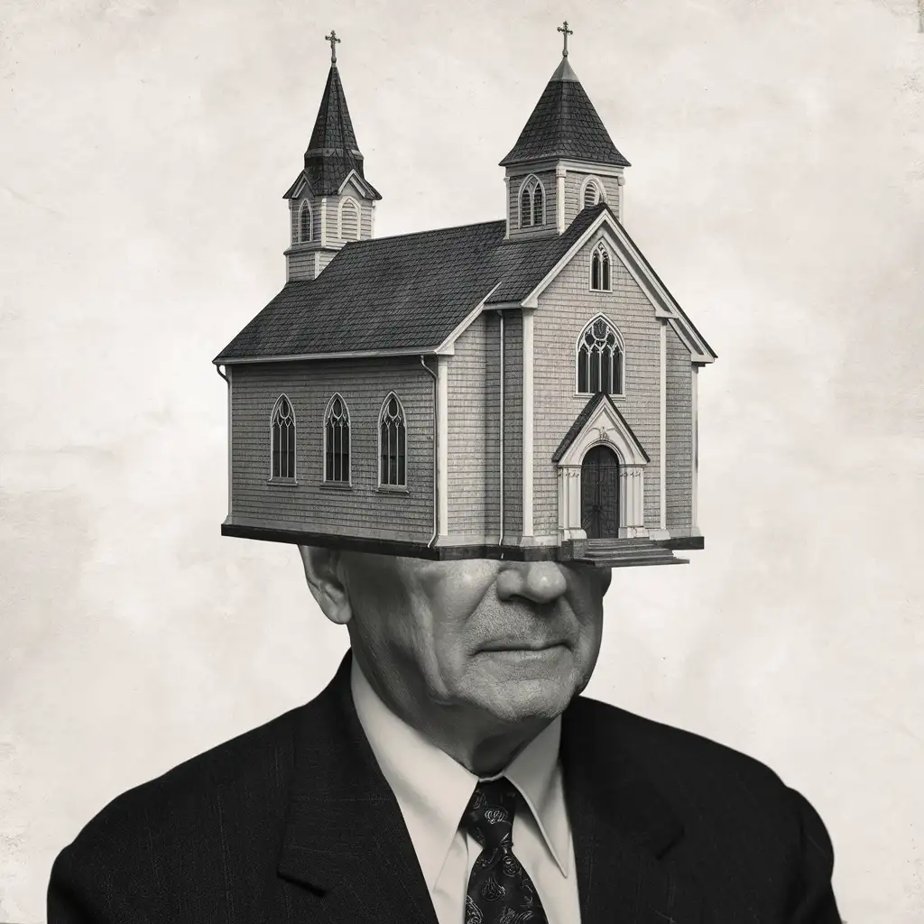 Человек с церковью вместо головы, головы нет на ее месте церковь, на плечах человека стоит церковь а не голова