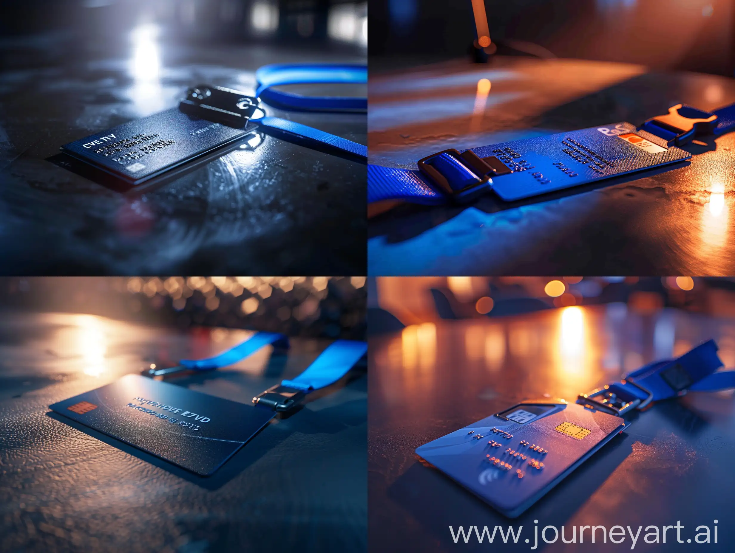 event ID PVC card laying on a table with a blue strap, dark lighting with a spot light, highly detailed, high quality