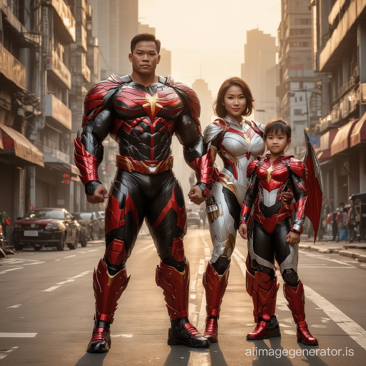 a family pose of superhero charming chubby Indonesian family, huge body builder muscle, big chest, installed with garuda suit up titanium armored, simply futuristic, gloss armor, dark red and light black color stripe graphic scheme - white LED stripe. wingspan, carrying corrugated sword, low flying  in the midair at cityscape, golden hour morning vibes.