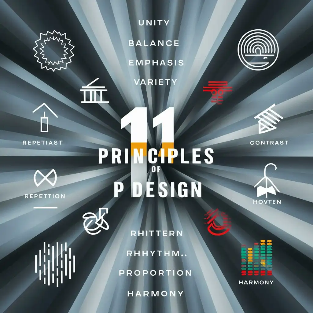 Сгенерировать изображение на тему "11 принципов дизайна", а именно: единство, баланс, акцент, разнообразие, контраст, повторение, шаблон, ритм, пропорция, гармония, разнообразие, движение 