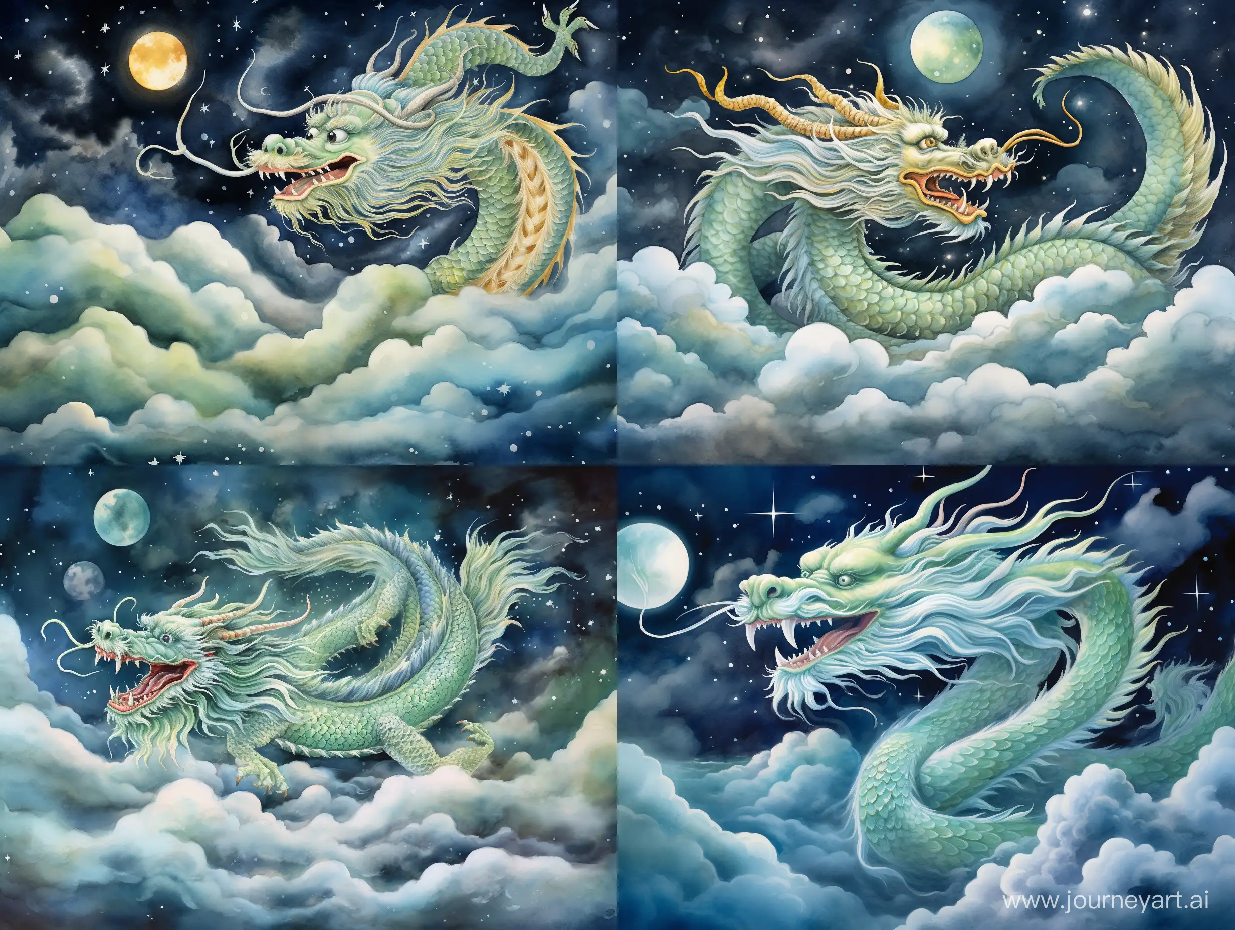 Зеленый китайский дракон летит над облаками,ночное небо, звезды, сказочно,  прекрасно, акварель, реалистично, детальная прорисовка