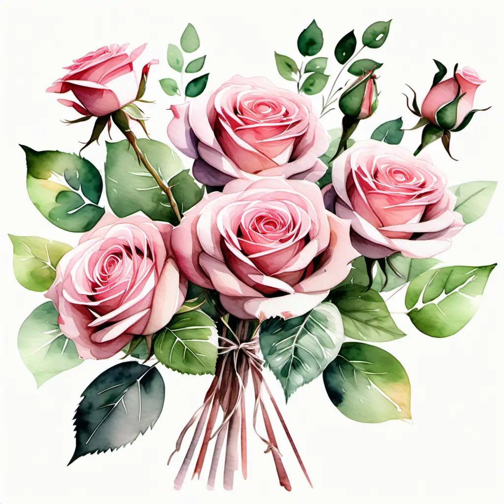 Vibrant Watercolor Bouquet Stunning Pink Roses with Lush Green Leaves