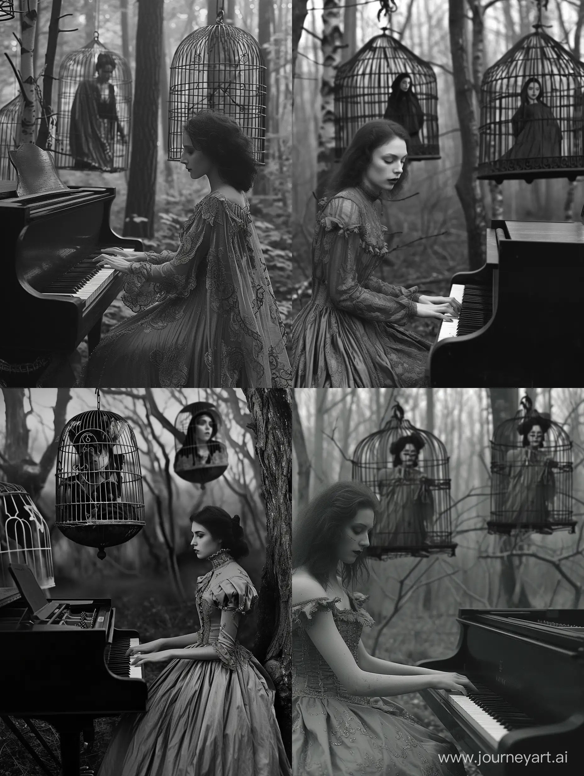 grayscale photo that evokes folk horror, pagan witch wearing vintage gown playing piano in a mysterious forest. In the background there’s two beautiful women inside large human size antique bird cages hanging in trees, detailed faces, the_ritual, creepypasta, folk horror, dark aesthetic, dark folk, dark magic, witch core