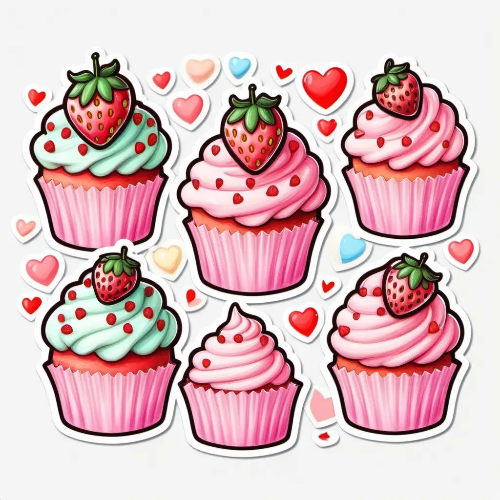 one fairytale,whimsical,cartoon,valentine ,strawberry cupcakes,with cute decorations,
pastel, white background, sticker image