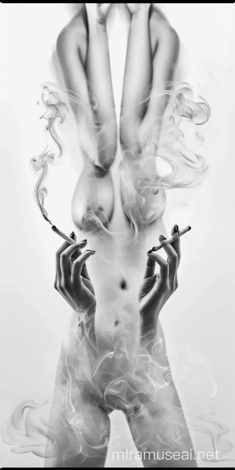 cigarette smoke forming a nude female model form against a white background