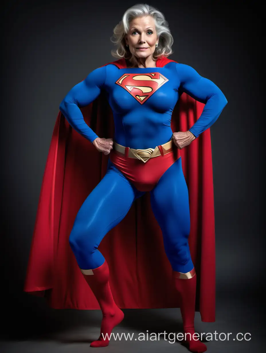 A pretty woman, age 60, ((very muscular)), large arm muscles, large leg muscles, large chest muscles, large abdominal muscles, large breasts, strong, powerful, mighty, superhero.
Superman costume, matte spandex, blue leggings, red briefs, a long cape. 
Photo studio