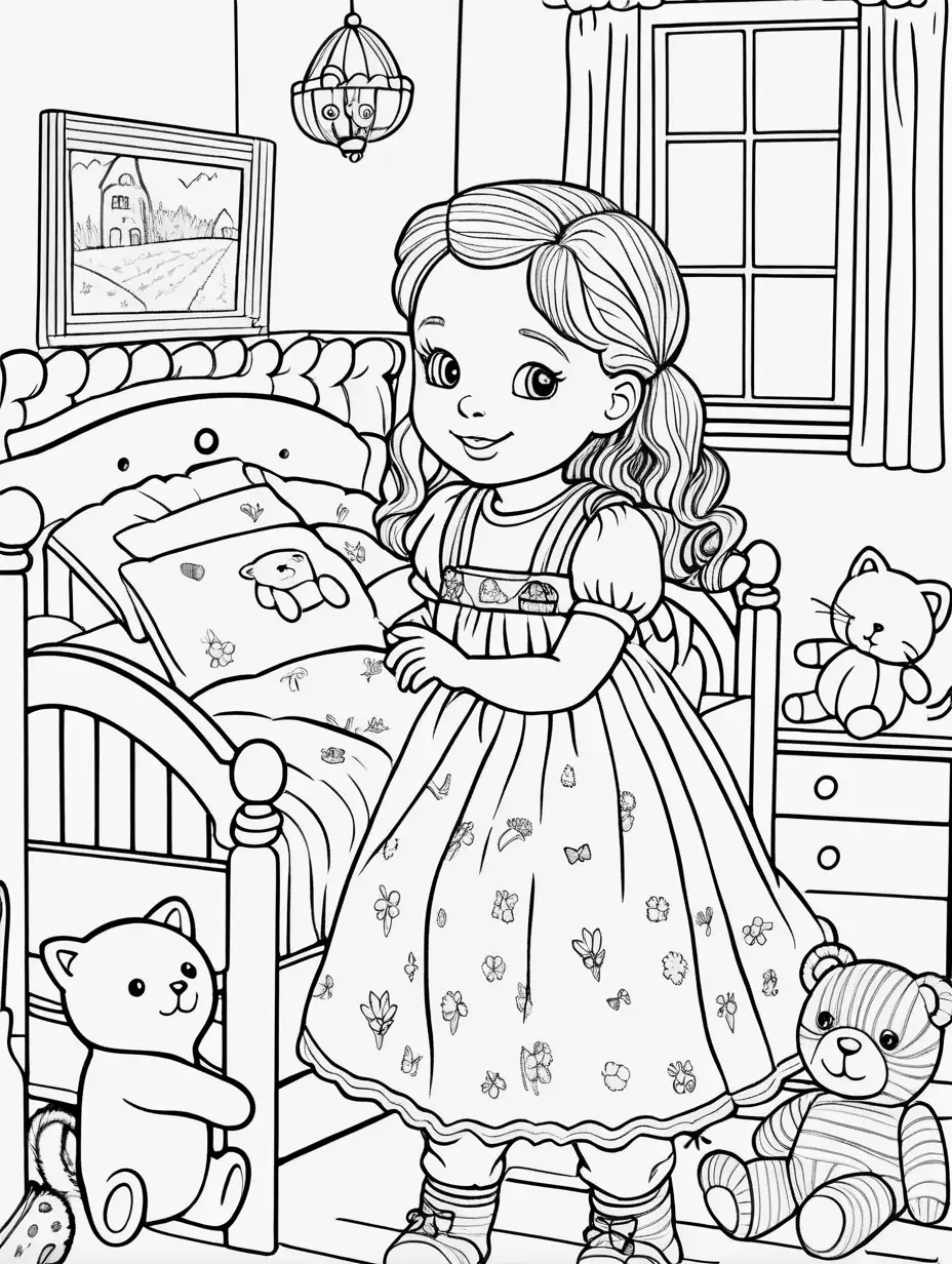 Waldorf doll Lavender wakes up on children's room. Draw Lavender, smiling and looking at other toys, such as a teddy bear, a plush doll, and a cuddly kitten, Black and white coloring page for kids