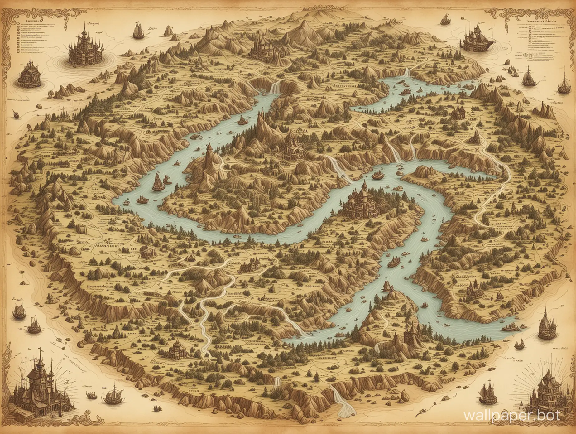 Map of a fantasy world, with different landscapes, settlements, rivers