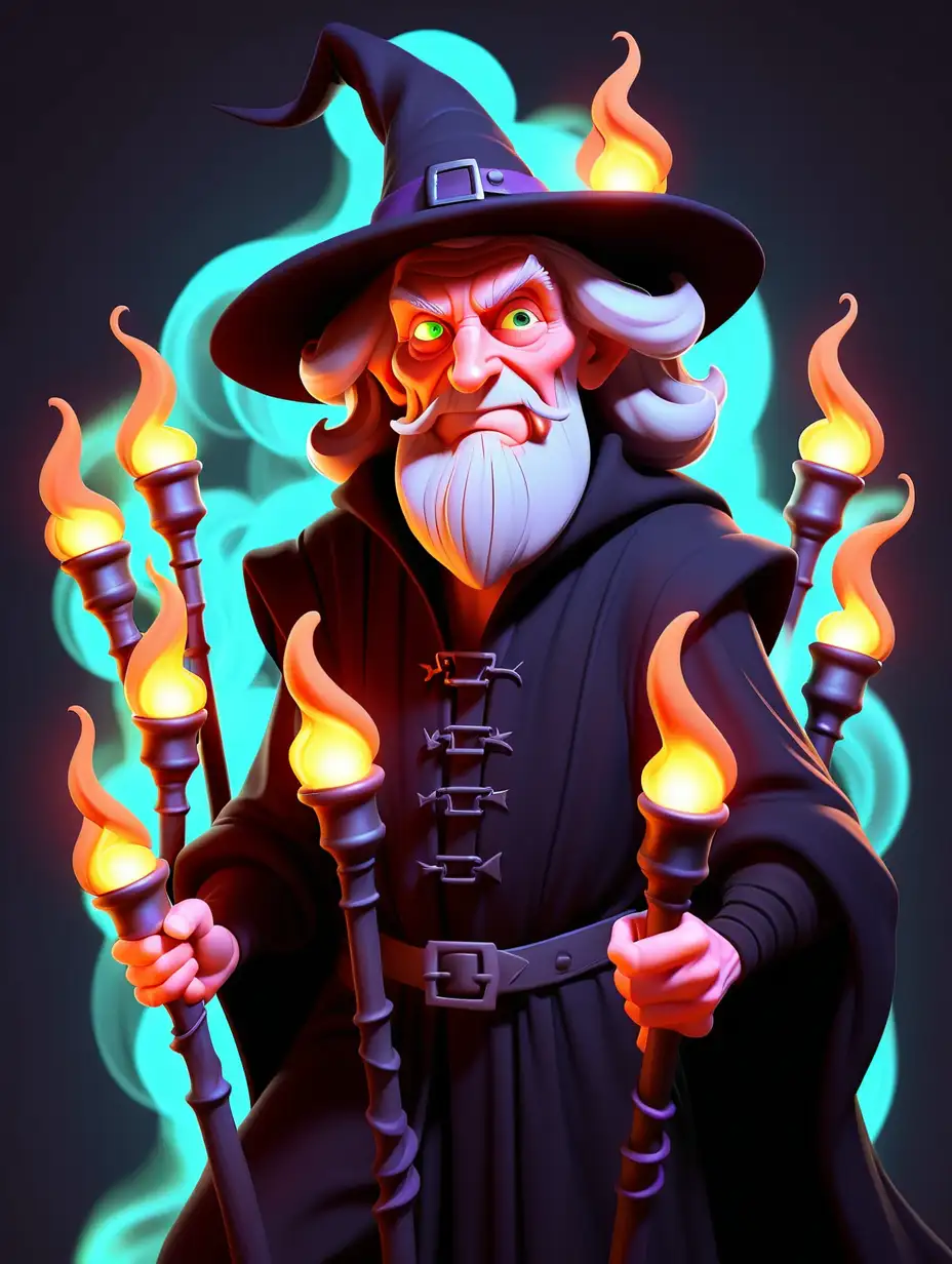 cute older male witch with nine
 glowing torches
 