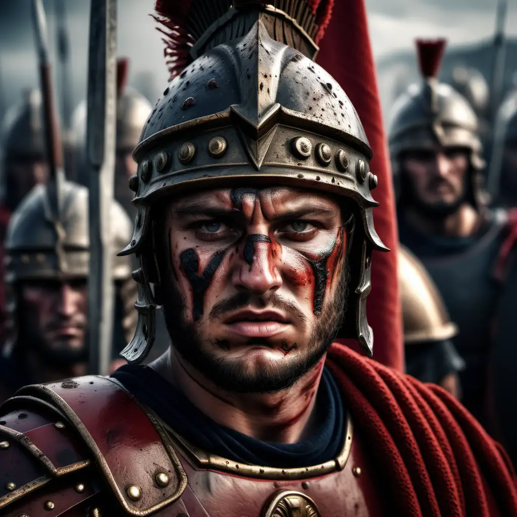 Roman legionnaire, realistic portrait, amazingly detailed, battle scars furrow the warrior's harsh and cold face. The banner of the V Macedonica legion is present in the image, creating the drama of the scene
