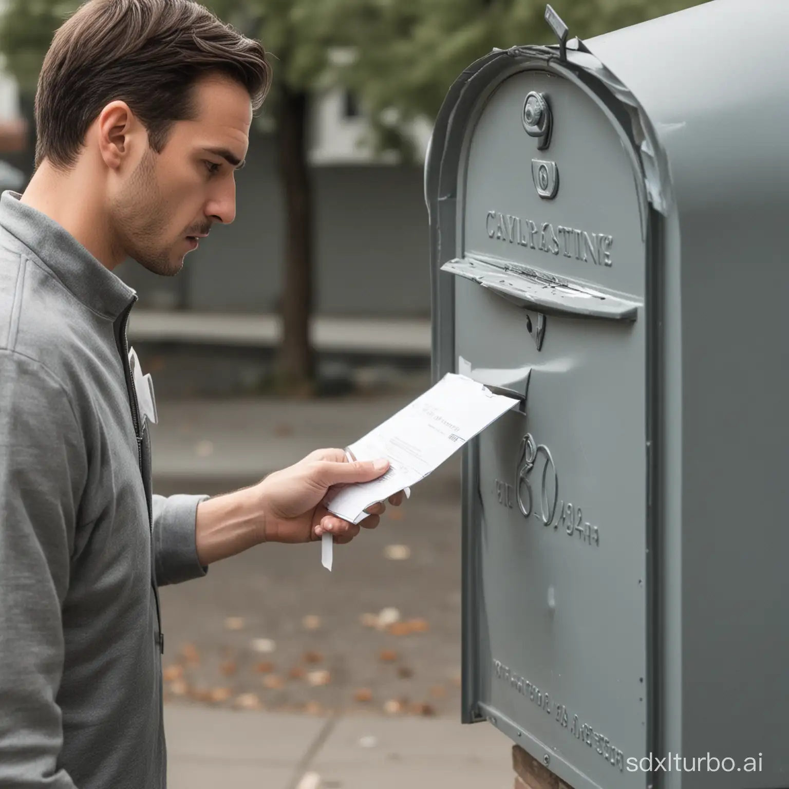 a man is in front of a mailbox, and he is holding an envelope in his hand, next to him is a man partially erased by an eraser