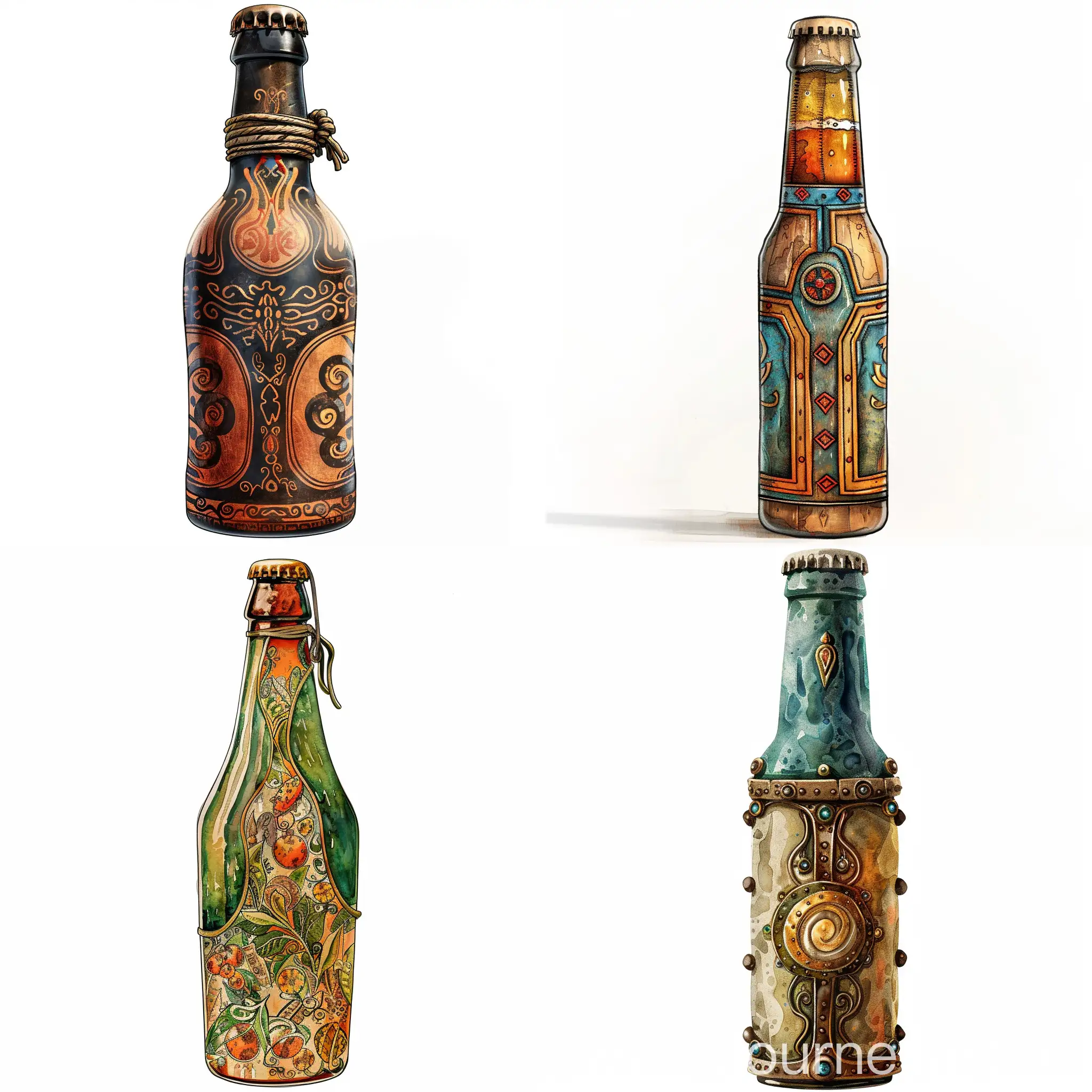 Ancient bottle of beer, complex colors, on a white background, illustration, on a white background, Arthur Wrexham style