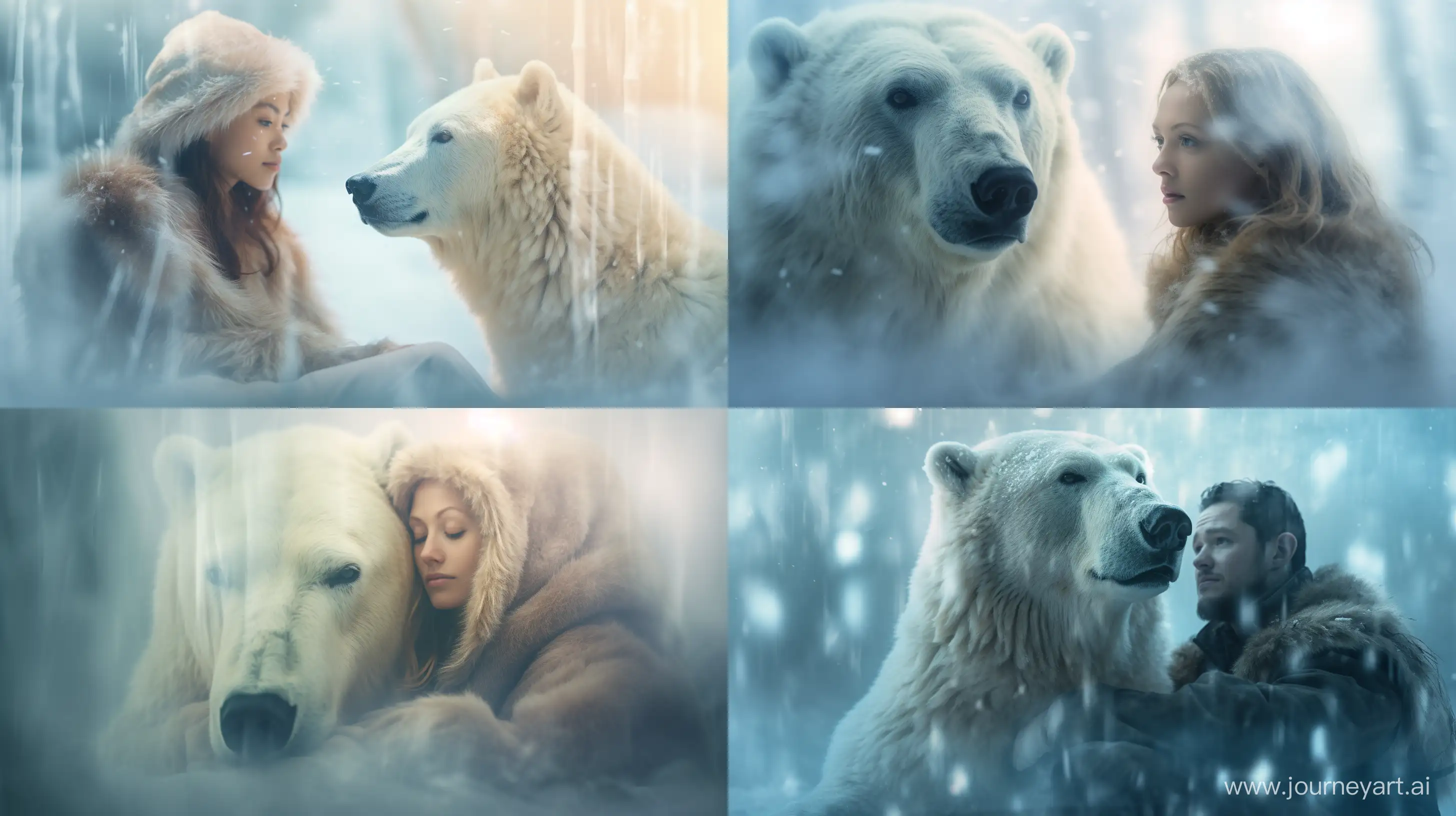 Double exposure photograph of an Eskimo and a polar bear in a snowy landscape, shot on a Nikon D850 with a 50mm lens, backlit by the soft glow of the northern lights, creating a dreamy, ethereal atmosphere. The Eskimo is dressed in traditional fur clothing, blending seamlessly with the polar bear, symbolizing the harmonious relationship between humans and nature. The image is high-resolution, incredibly detailed, and rendered in black and white with a touch of cool tones, emphasizing the cold, Arctic environment. --s 150 --ar 16:9