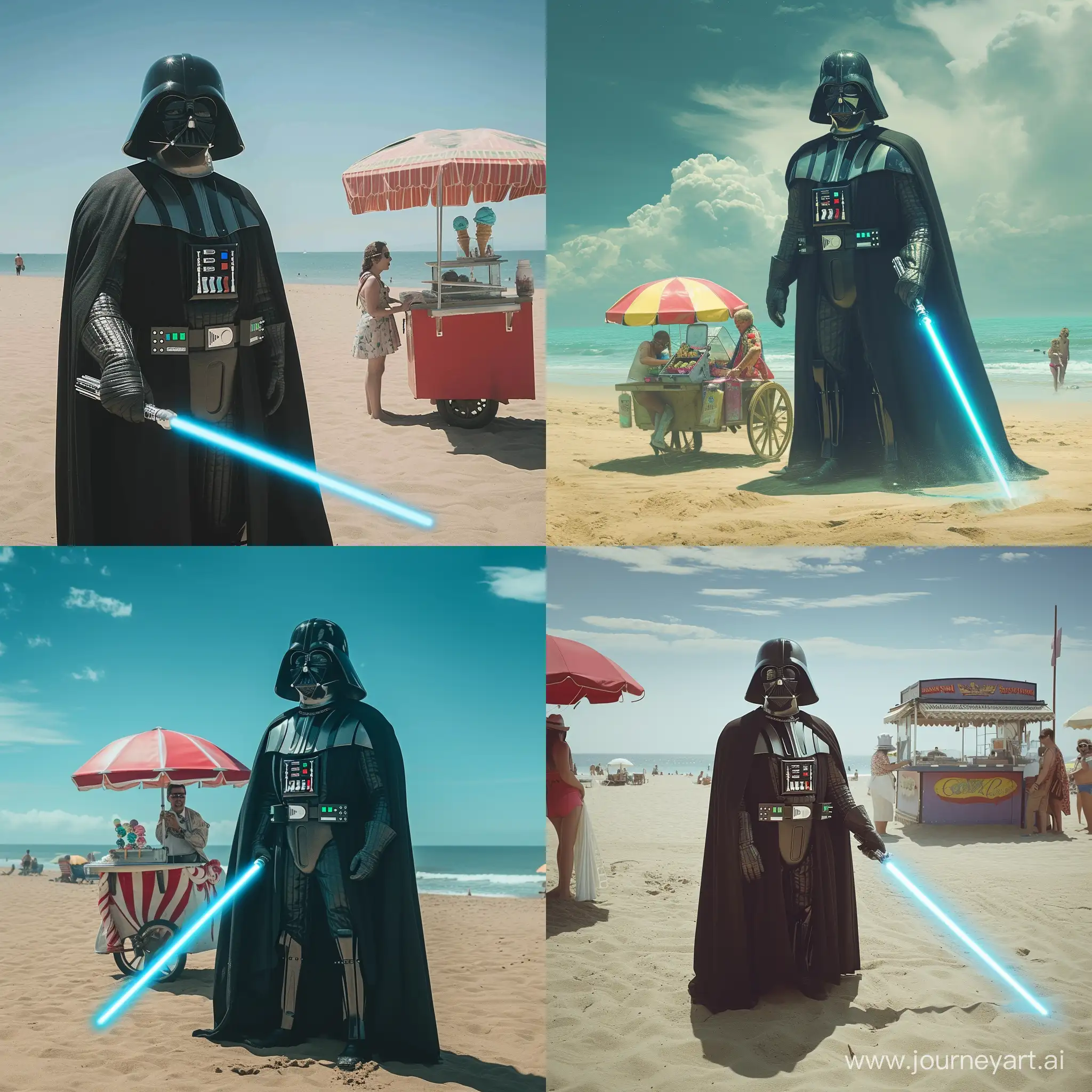 Dark-Vader-Enjoying-Blue-Lightsaber-Fun-on-Beach-with-Ice-Cream-Vendor