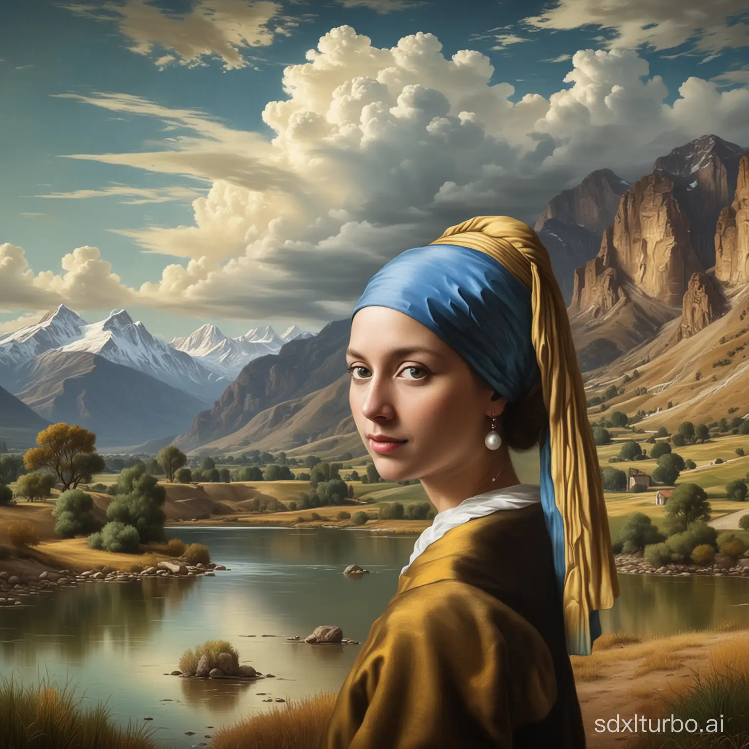 monna lisa, girl with the pearl earring, background creek, mountains and clouds