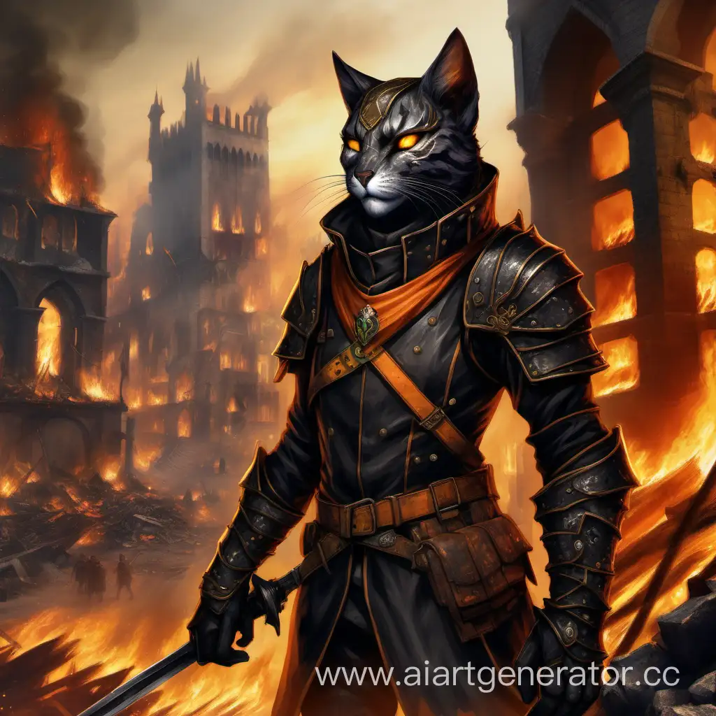 Mysterious-Black-Tabaxi-Warrior-Amidst-Fiery-Medieval-Ruins