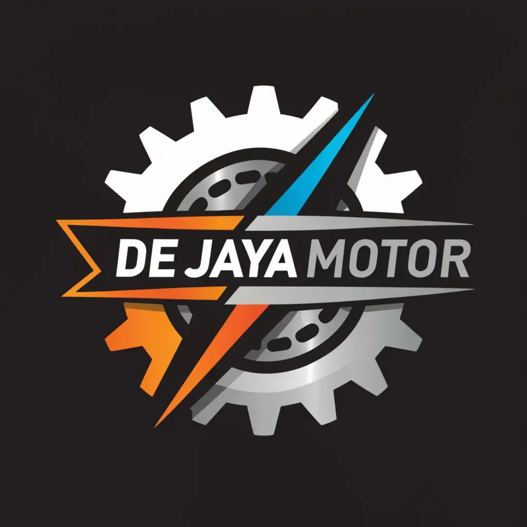 a logo design, with the text 'De Jaya Motor', main symbol: transmition gear, Moderate, clear background, black, orange, blue