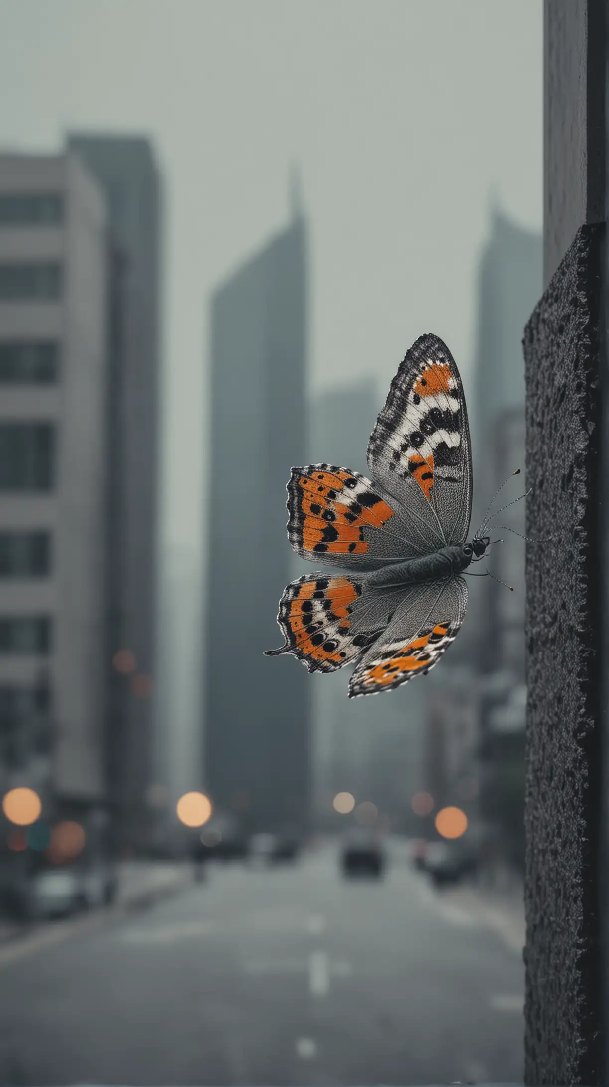 Butterfly with Moody Grey Cityscape Background