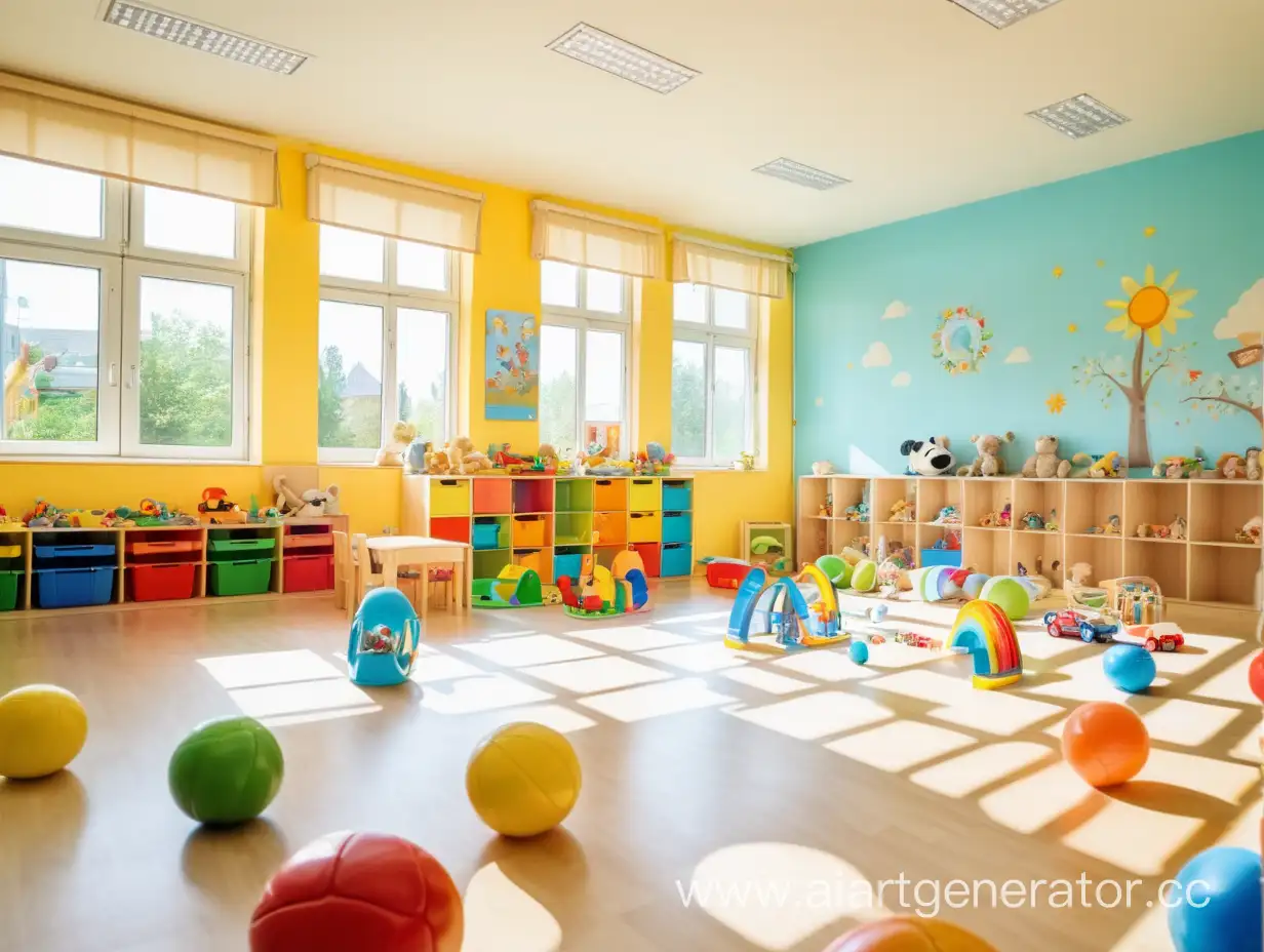 комната  детского  садика с игрушками  в летний солнечный день 