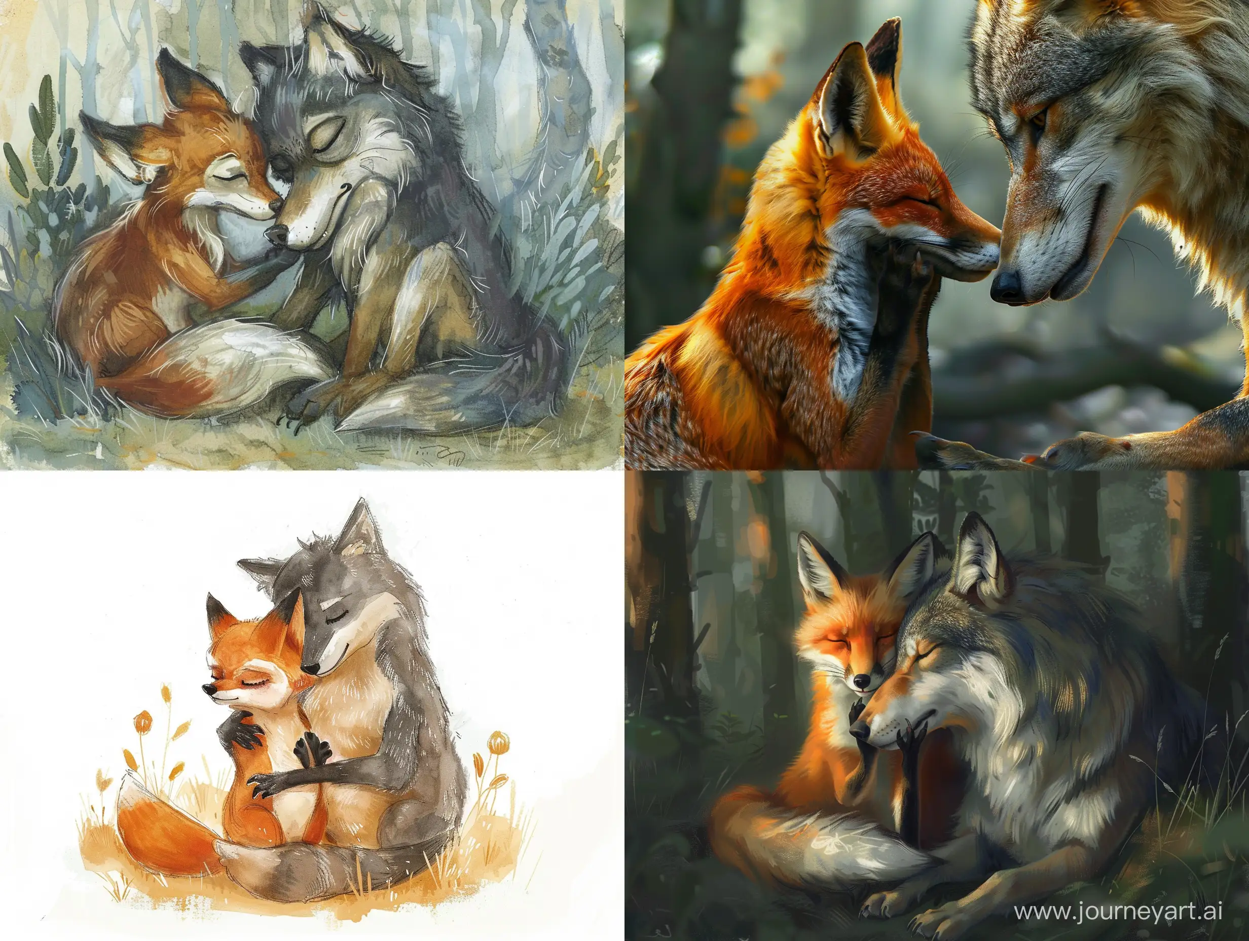Adorable-Fox-and-Protective-Wolf-Tender-Moment-in-Nature