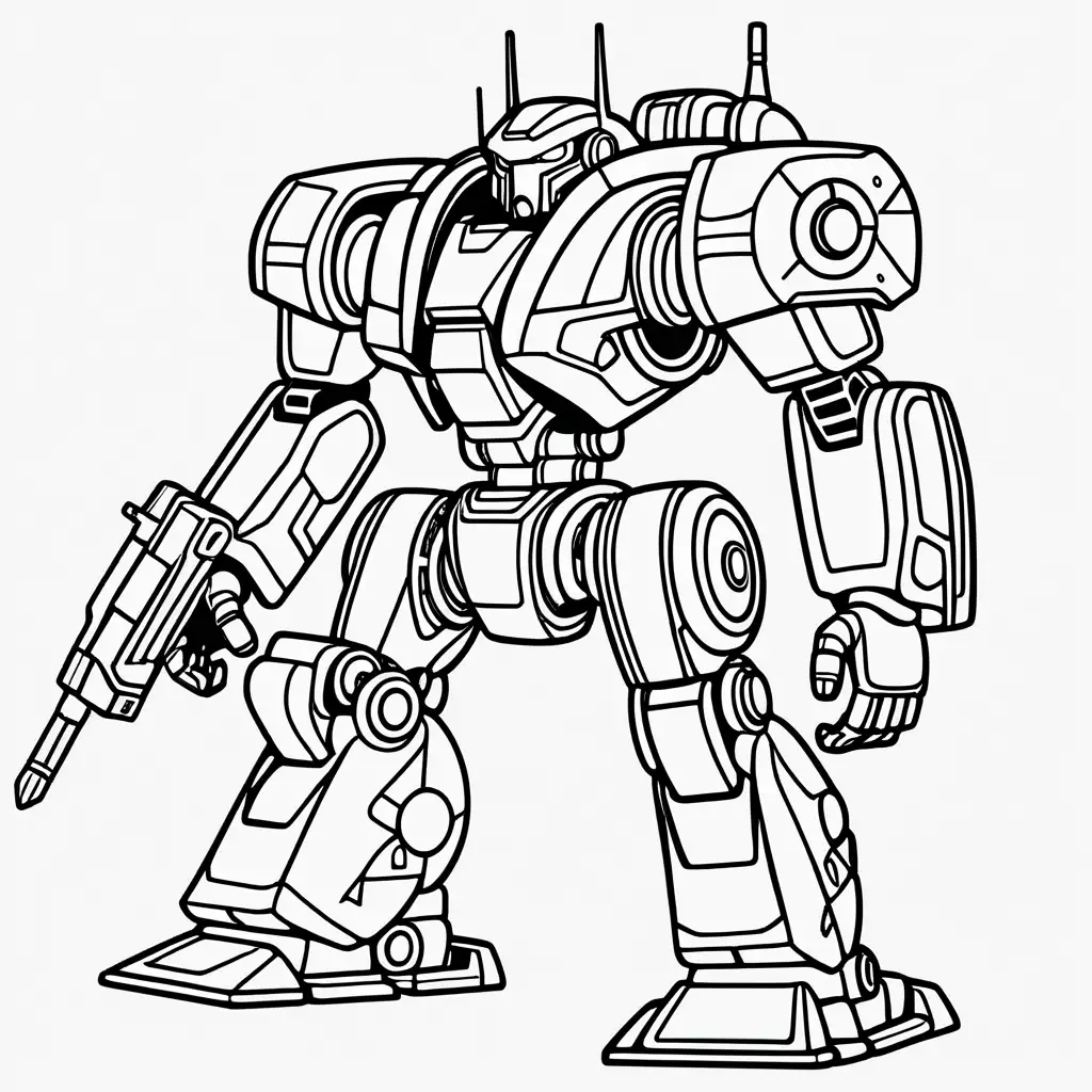 Mech Warrior Cartoon Coloring Page for Kids Bold Black and White Illustration with Thick Lines