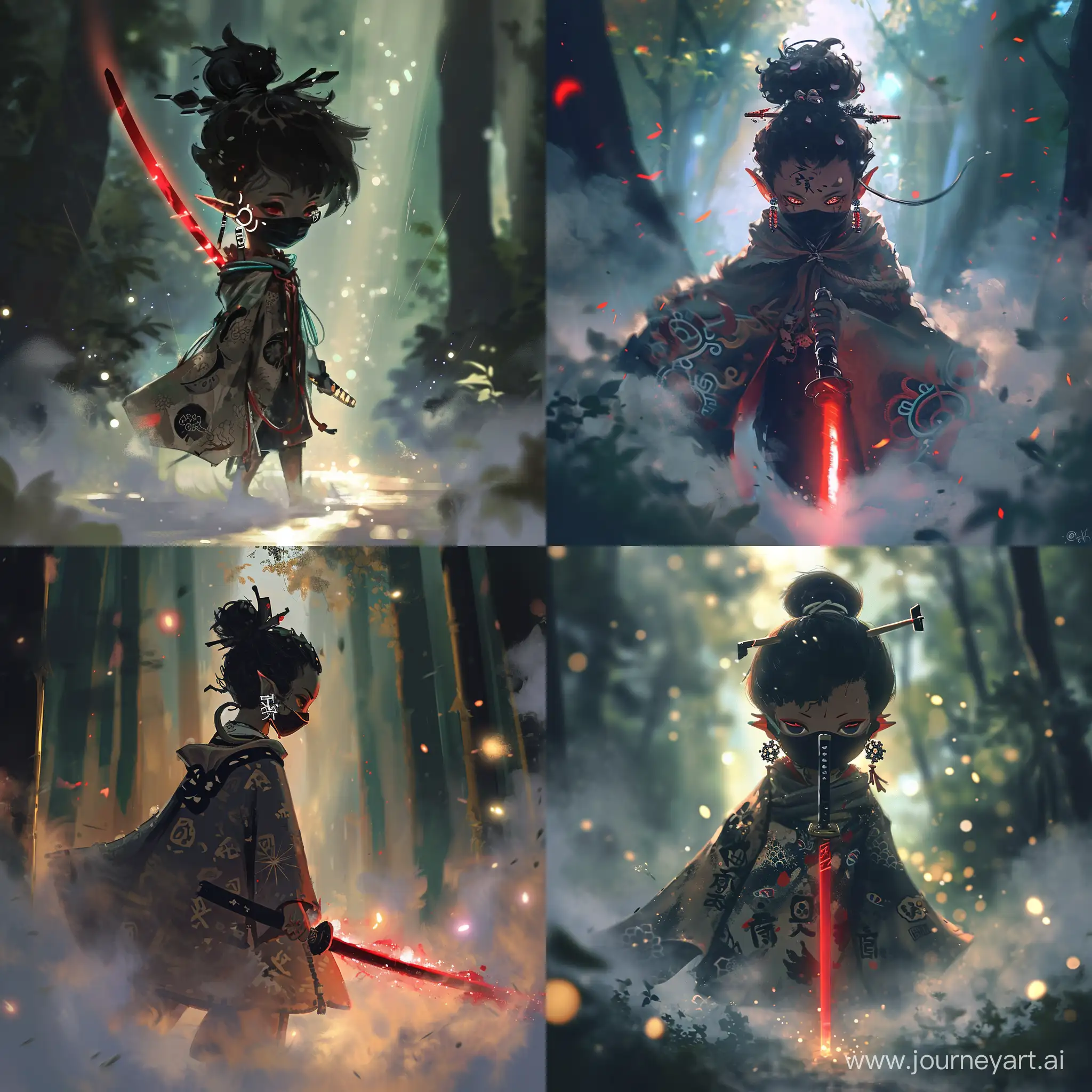 Маленький демон подросток, от которой исходит красивый магический туман, на нем японские серьги и плащ, украшен японскими символами. В него вонзен темно красный меч, идет по туману с тёмной маской, закрывающей лицо. Anime style
