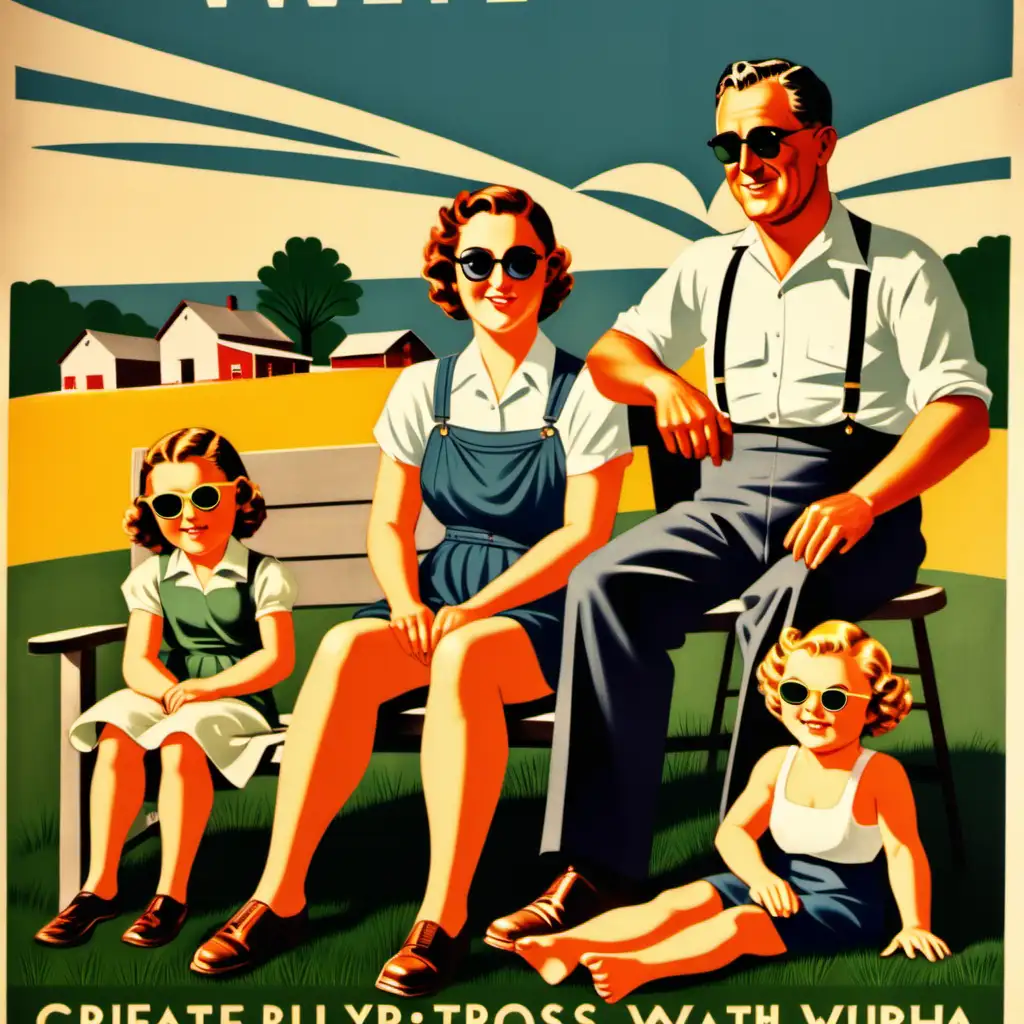 Vintage Family Sunbathing Poster in WPA Style