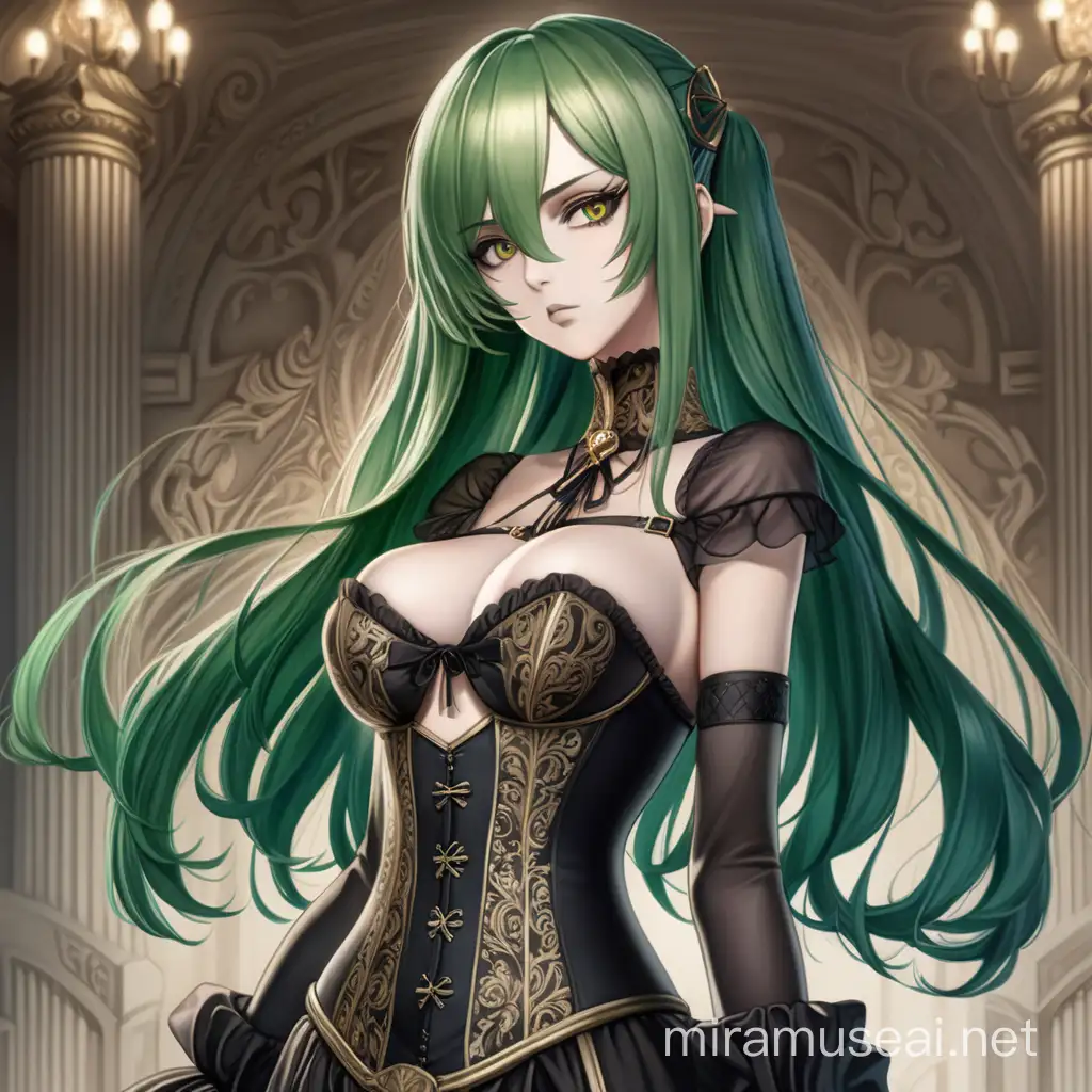 High detailed, Noble Lady, Frightening Appearance, Anime Style, Manga Style, Drawing, Attractive Girl, Green Hair, Long Hair, Golden Eye, Villainous Look, Tall stature, Ashen Skin, Darker Tone, Elegance, Revealing Dress, Corset, Full Body, Manson on the background.