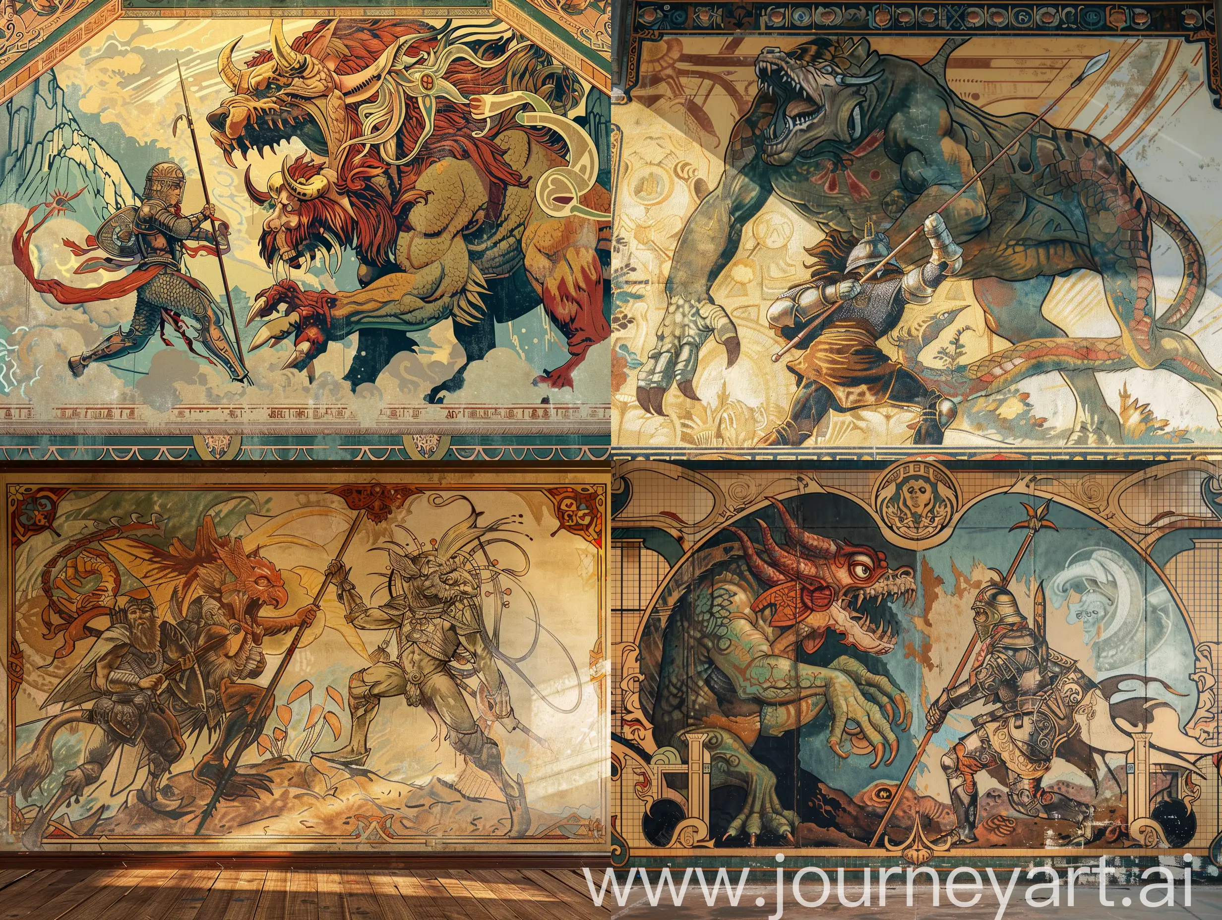 a mural on the wall depicting a battle scene of a warrior in armor with a spear against a two-headed huge scary monster. the mural on the wall. art nouveau style, Alphonse mucha style. fight, texture 8k.