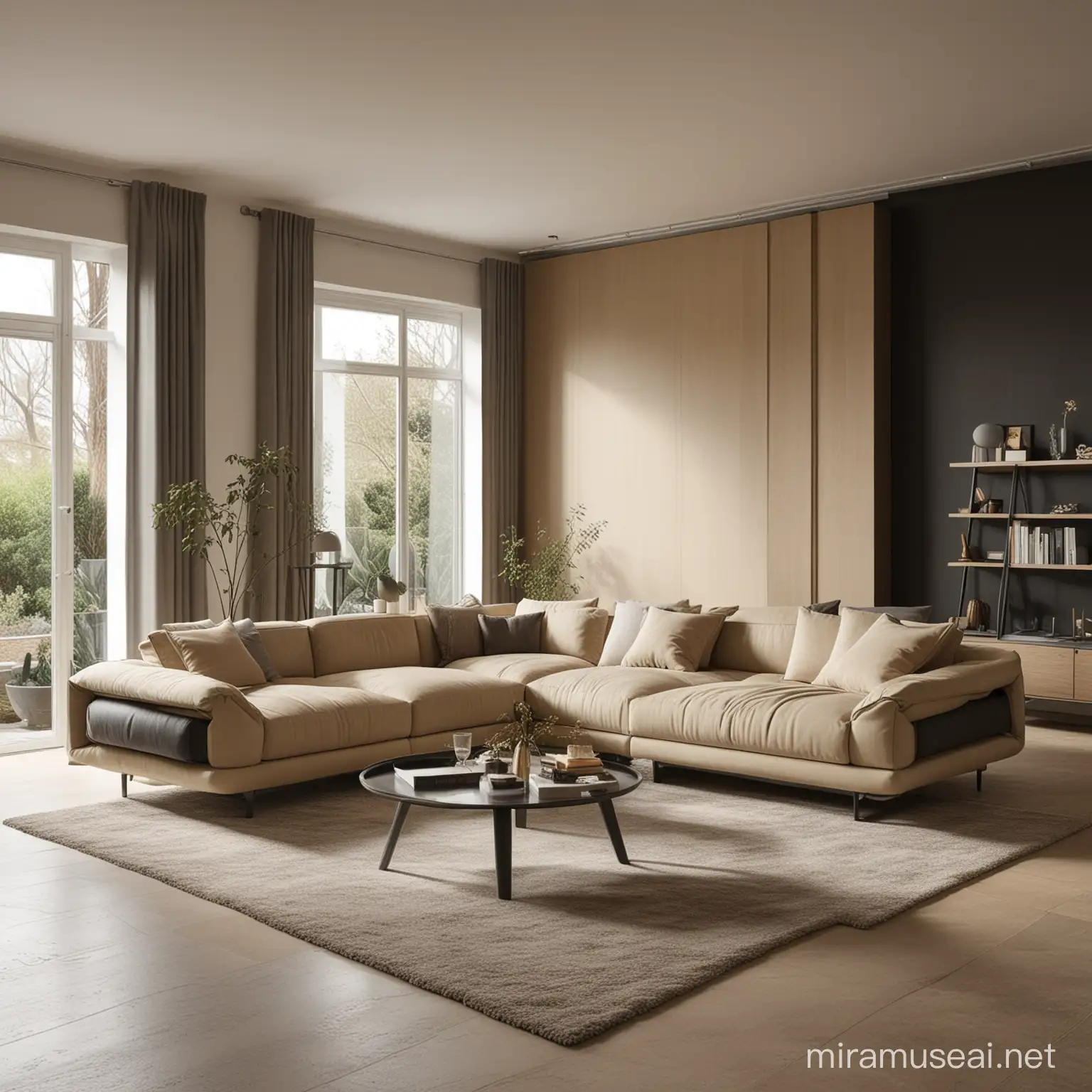 Best Living room designed for the year 2095,futurictic,best sofa,antree,khaki and anthracite and champagne color