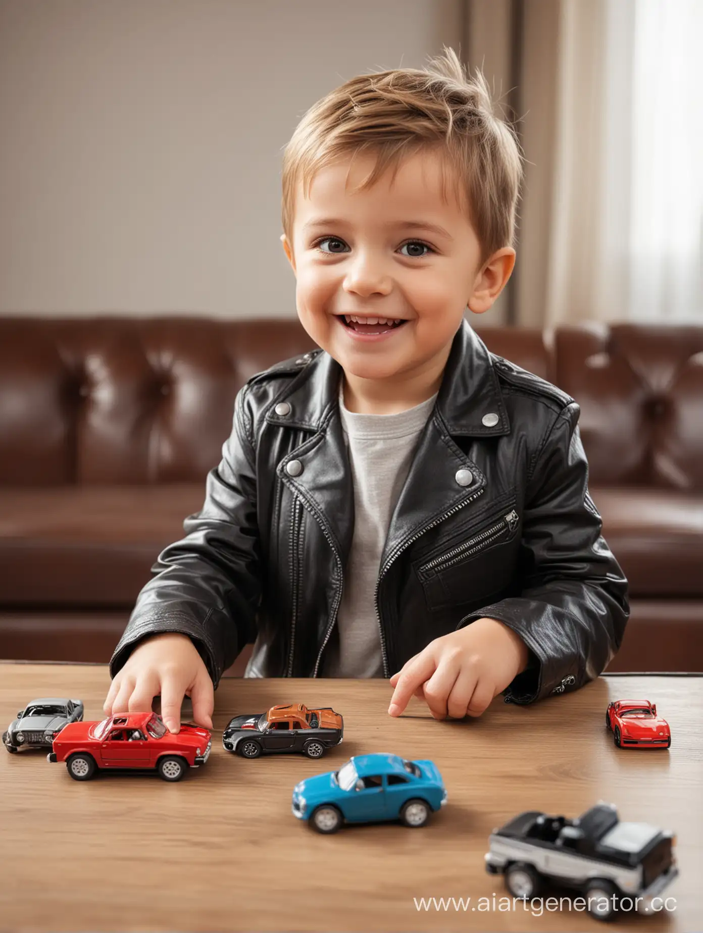 happy little boy in a leather jacket playing with cars at the table