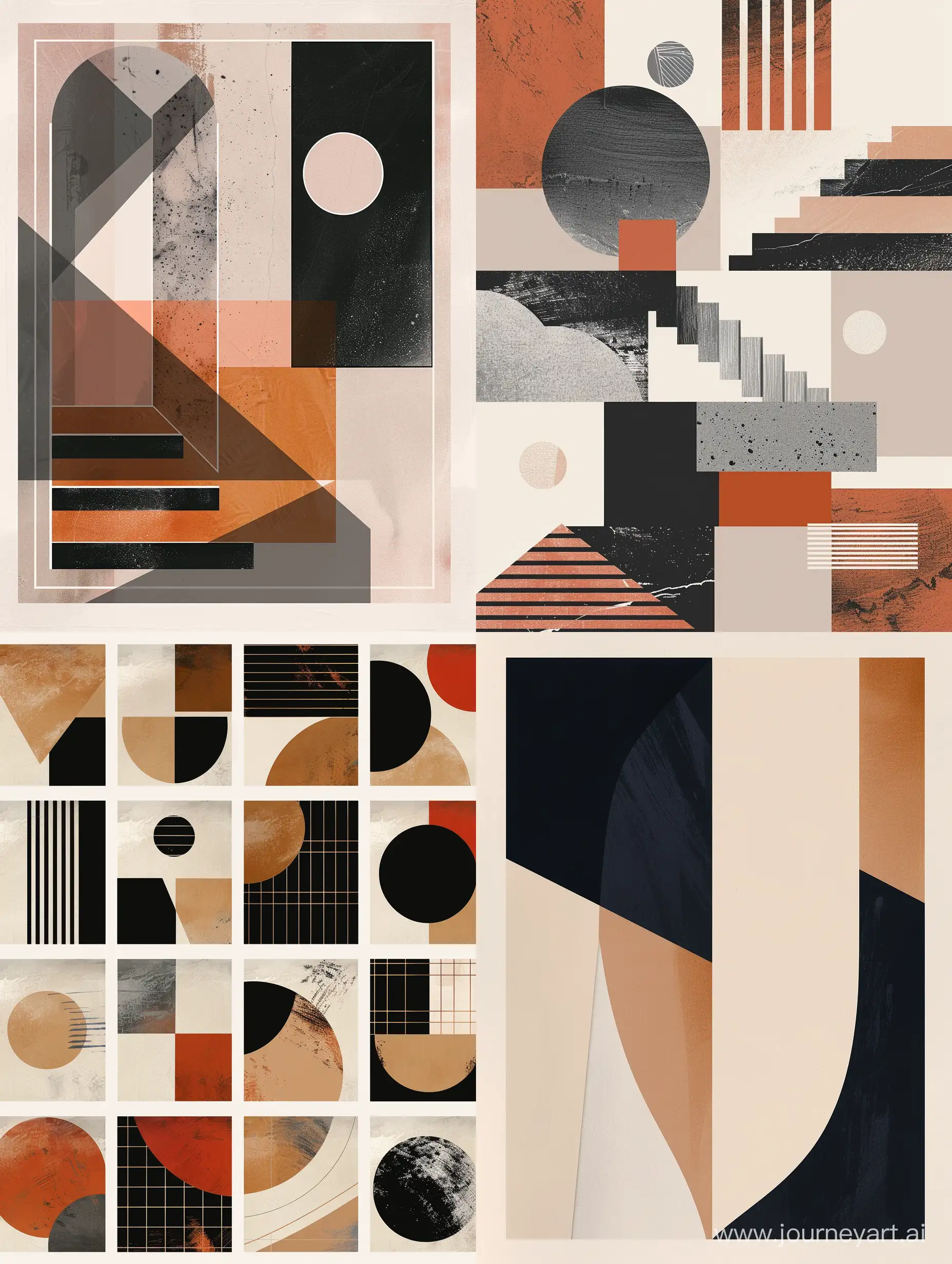 Design a set of minimalist abstract prints using monochromatic color schemes and simple geometric patterns, exploring the interplay of light and shadow to create dynamic visual effects.