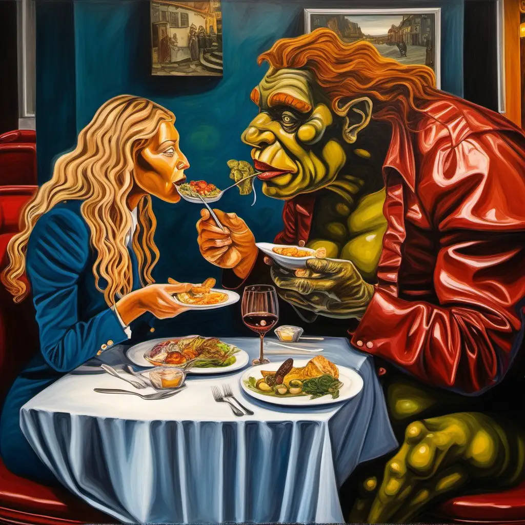 Modern Business Woman Dining with Norwegian Troll Fine Art Oil Painting