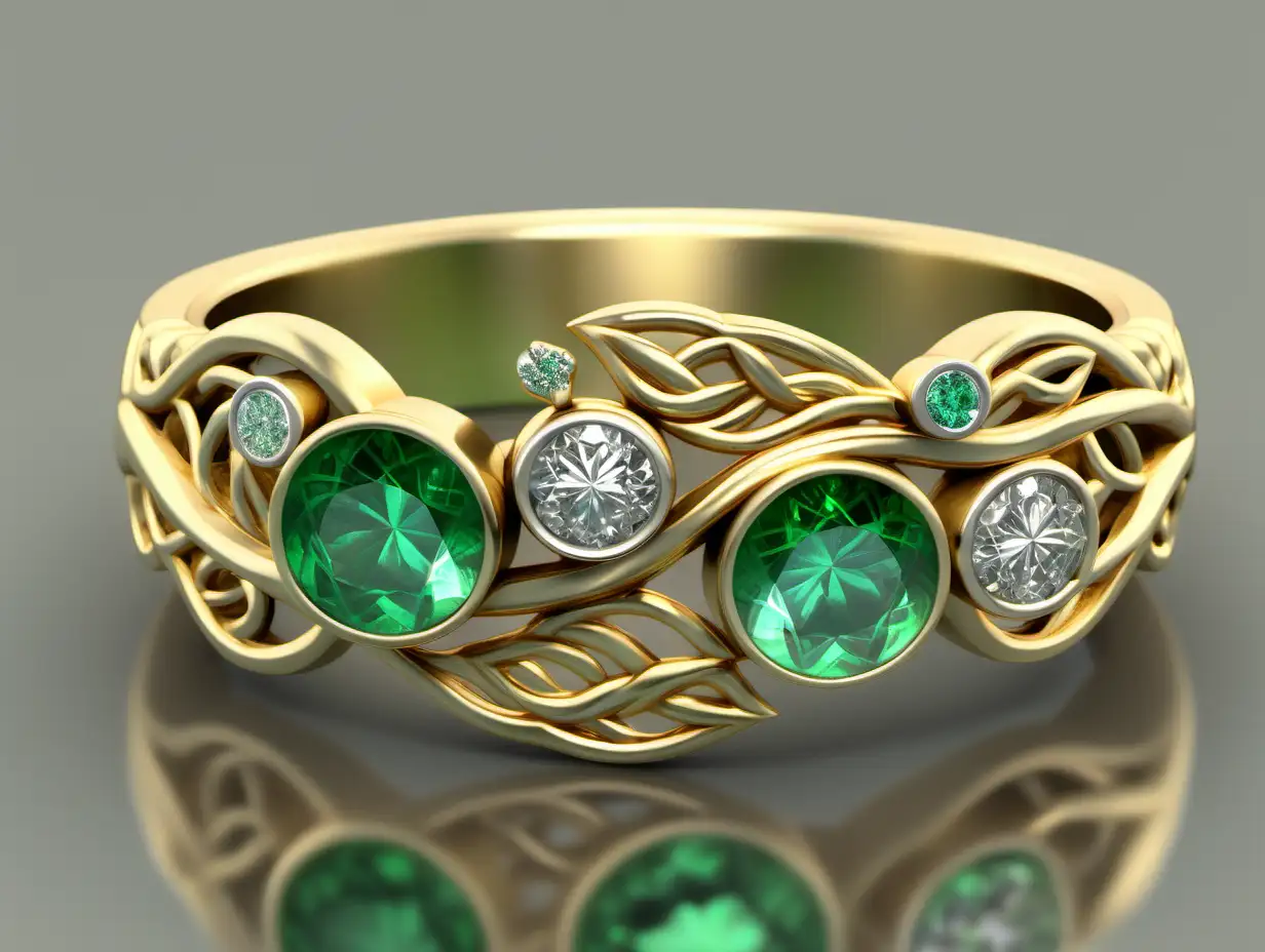 gold ring, mixed with nature leaf and wave with celtic design, including green 4 emeralds and 4 diamonds