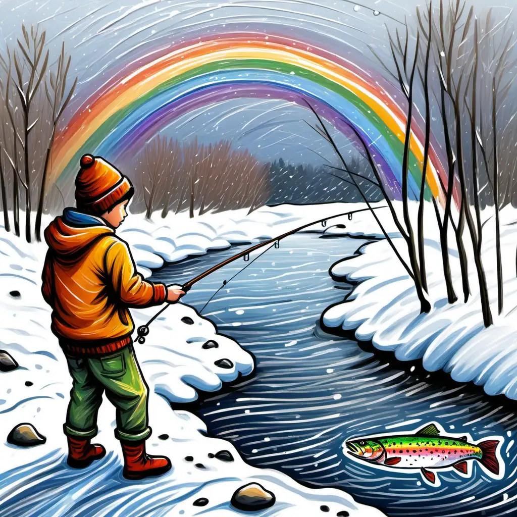 یک نقاشی برام بکش در سبک اکسپرسیونیسم پسرک ماهیگیر (فلای فیشینگ) کناری رودخونه در روز برفی که یه ماهی قزل آلا گرفته