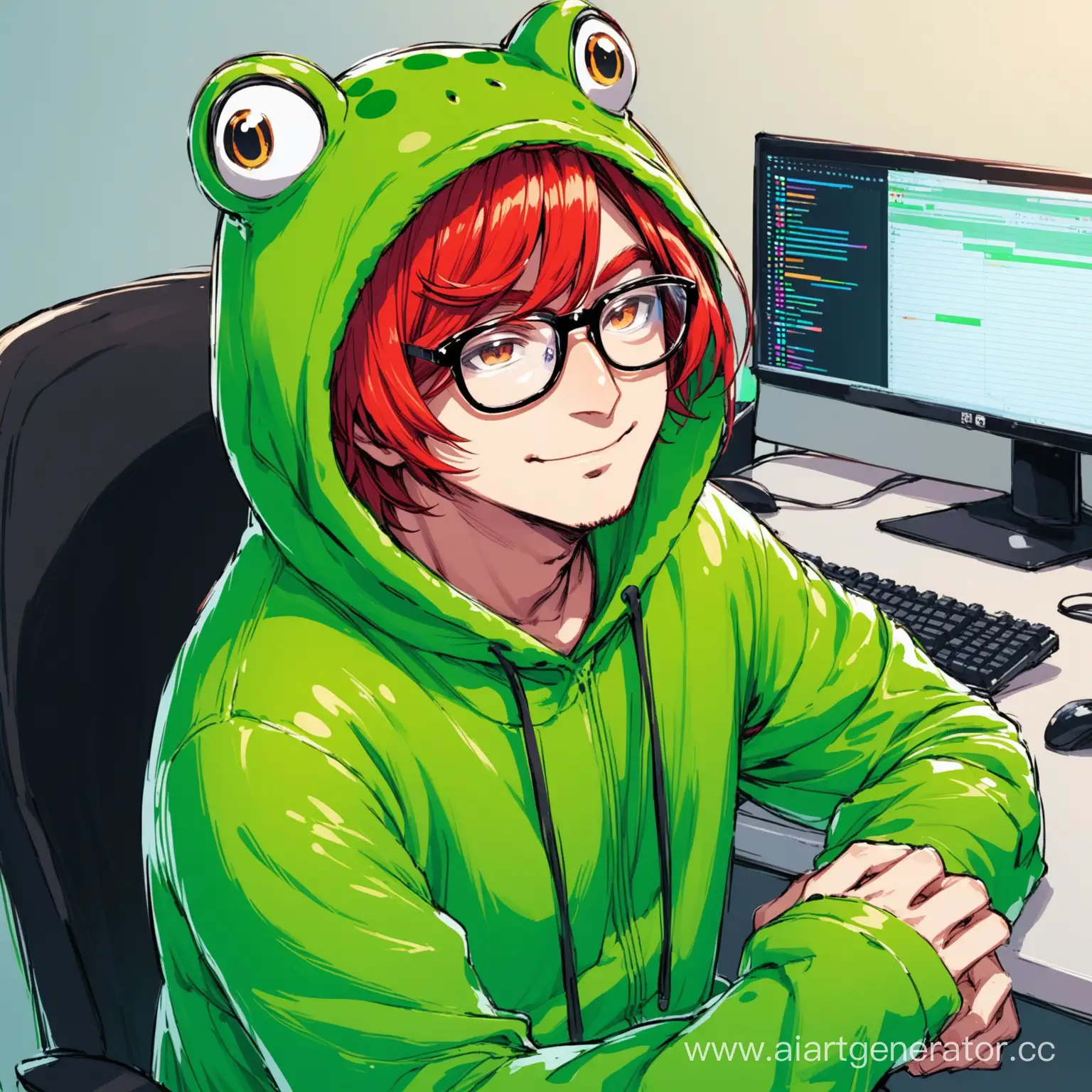 Streamer-in-Frog-Suit-Typing-at-Computer-with-Glasses-and-Red-Hair