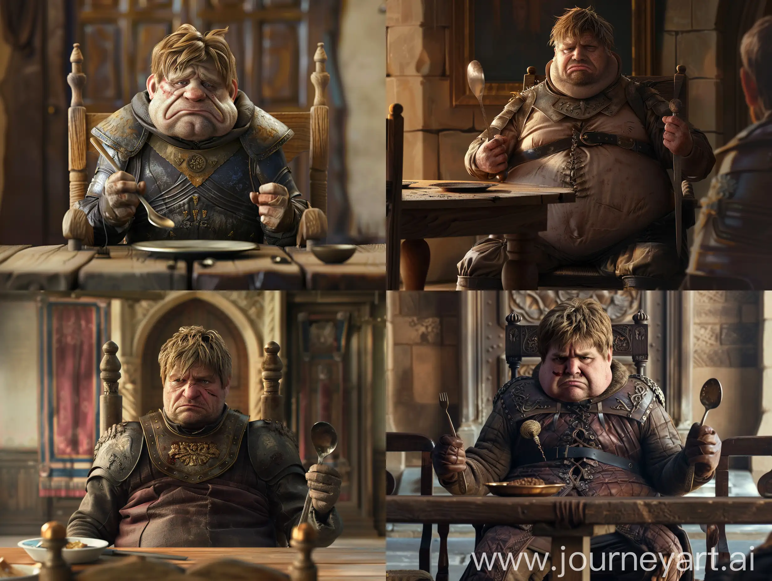 Jaime Lannister in the Game of Thrones series, Jaime Lannister is fat and has a fat face and body, Jaime Lannister sits at the dining table of Winterfell with the same body and fat face, Jaime Lannister sits on a wooden chair with the same body and fat face, Jaime Lannister is sad and hungry. Jaime holds a spoon in his right hand, Jaime Lannister holds a fork in his left, Jaime Lannister's expression is one of pure despair, the background is the dining room of Winterfell Palace, the lighting is classic, q2