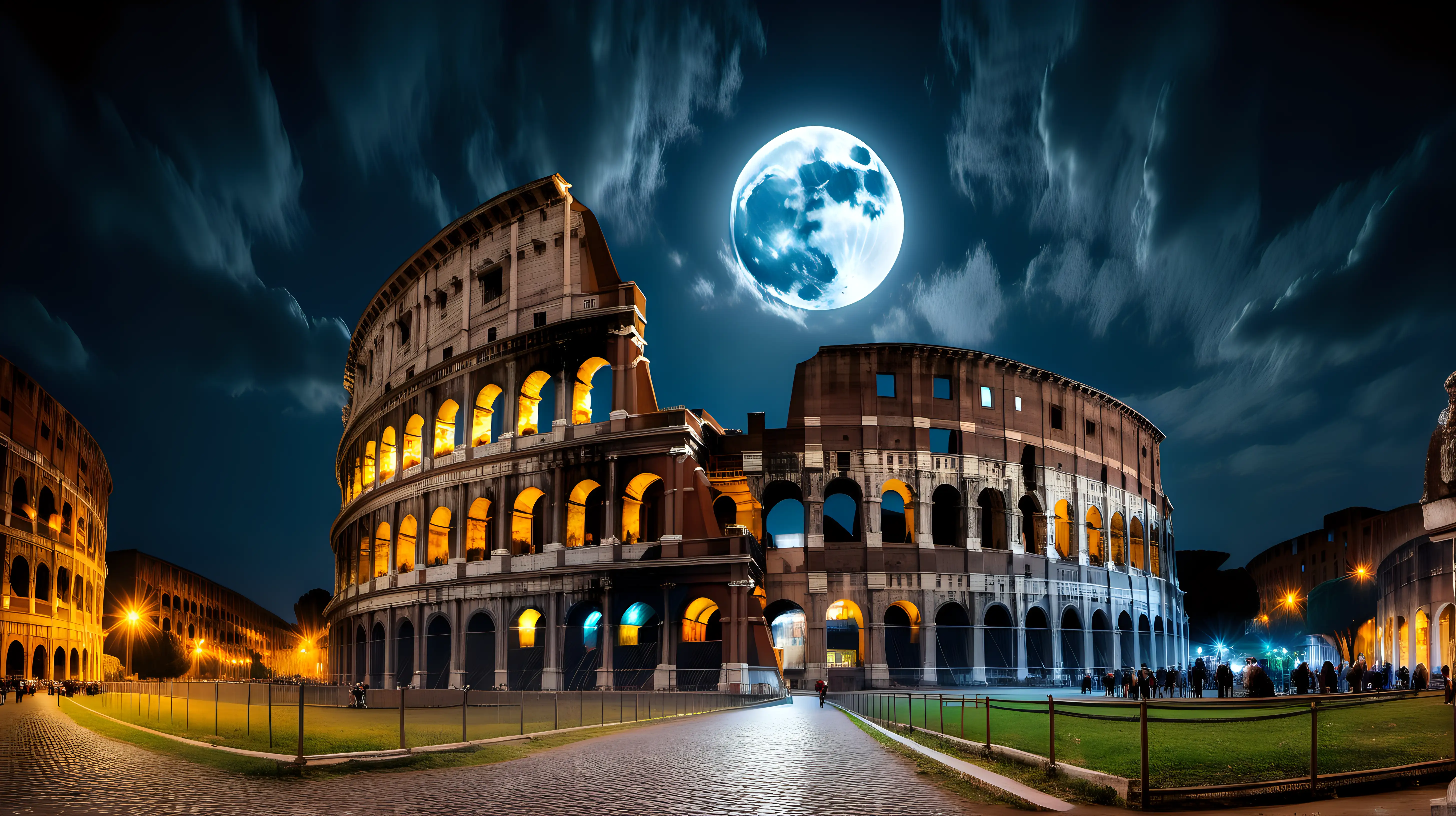 Ancient Roman Colosseum under Full Moon with Dramatic Clouds