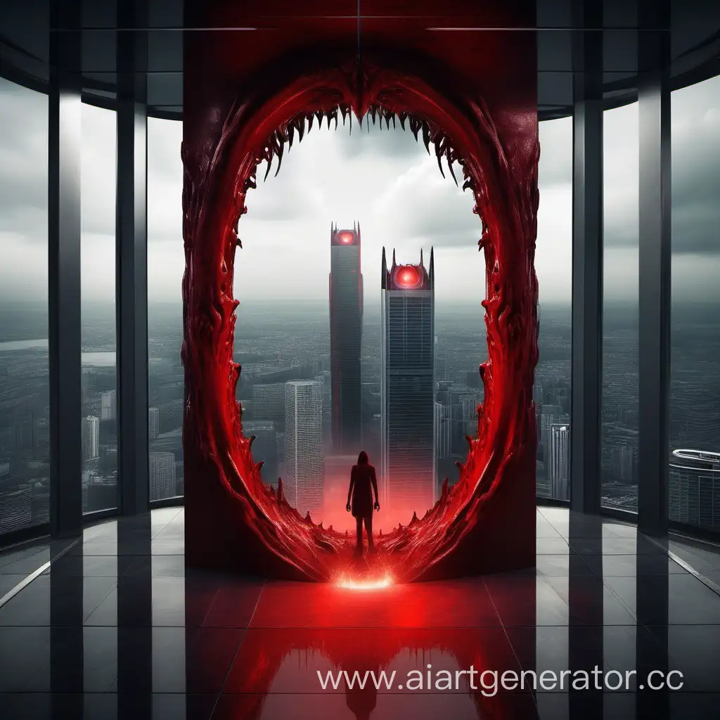 красный портал находящийся на вершине небоскреба в который входит страшный монстр