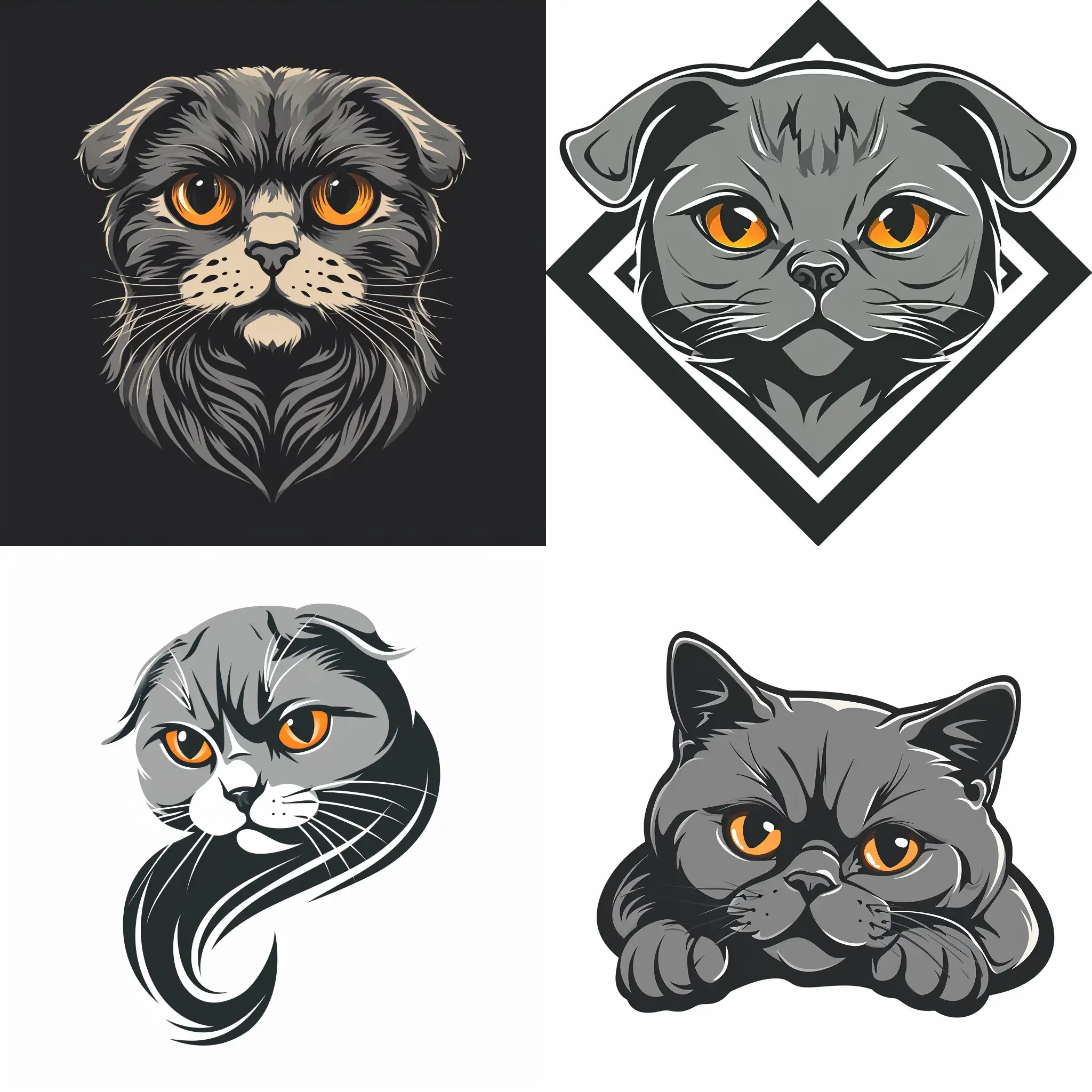 Generate a symmetric logo featuring a downward-leaning amber-eyed gray Scottish Fold Shorthair cat with its ear folded.