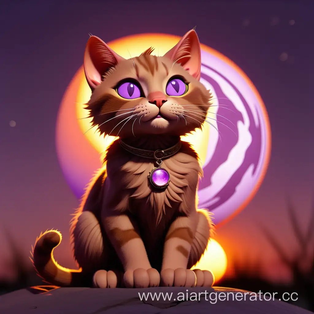 коричневая кошка держит магическое фиолетовое солнце в лапах на фоне заката с темным небом