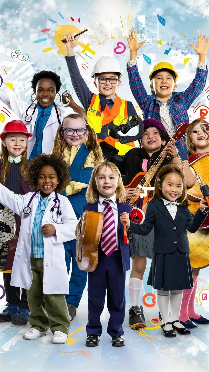 Imagine an inspiring image showcasing a diverse group of kids dressed in professional attire, symbolizing their aspirations and ambitions. One kid wears a white coat and stethoscope, embodying the role of a doctor. Another kid sports a hard hat and safety gear, representing an engineer. A third kid holds a musical instrument, depicting passion for music. Yet a little girl is dressed in a suit, signifying her pursuit of a career in business. Each kid exudes confidence and determination, breaking stereotypes and proving that anyone can excel in any field they choose. Beautiful colourful and spirited background.