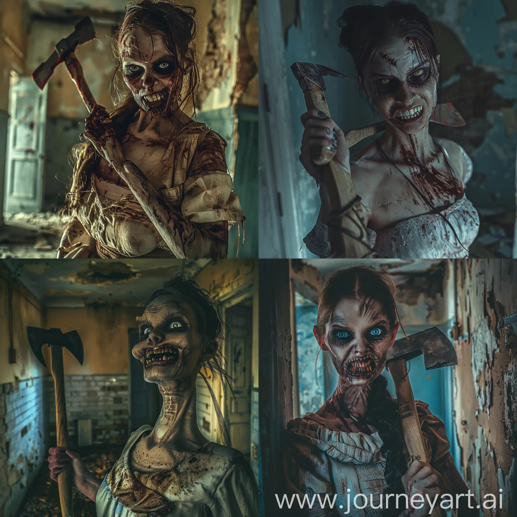 Woman with long neck, informal teeth and evil eyes, wearing asylum attire, she has a hatchet on her hand, bloody, dark asylum, ruined area, scary movie scene, creepy, dark eerie, psychological, madness, cinematic lighting, realistic image
