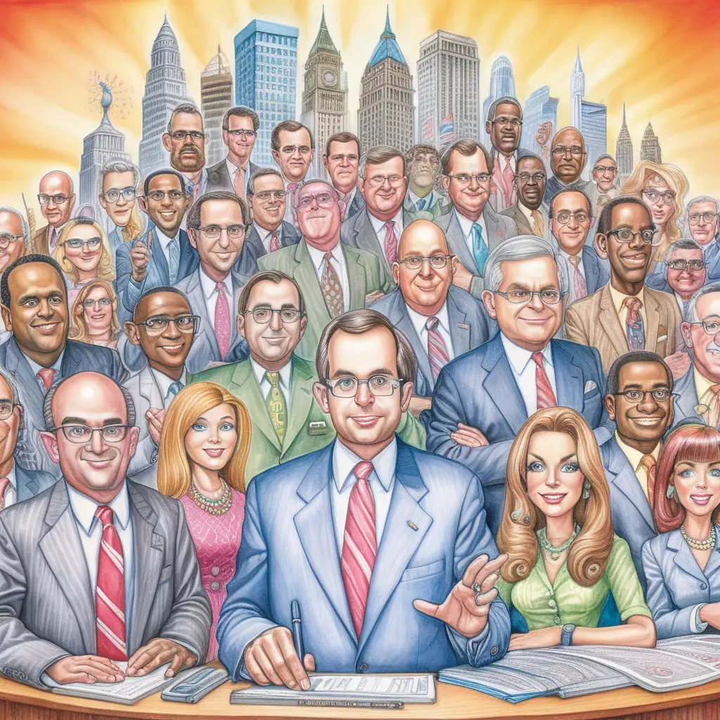 Create a vivid picture of large companies. The image must be in the style of Matt Wuerker.