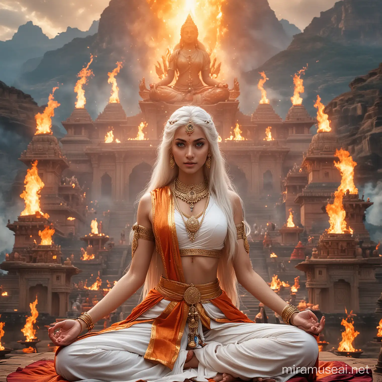 Fiery Empress Goddess in Lotus Pose Amidst Hindu Deities and Palace